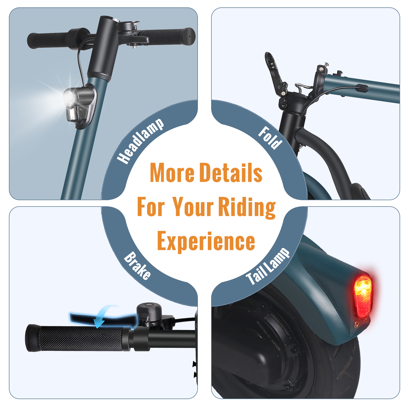 Hulajnoga elektryczna z podświetlonymi elementami: reflektor, mechanizm składania, hamulec i tylna lampa. Pokazano szczegóły dotyczące wrażeń z jazdy.