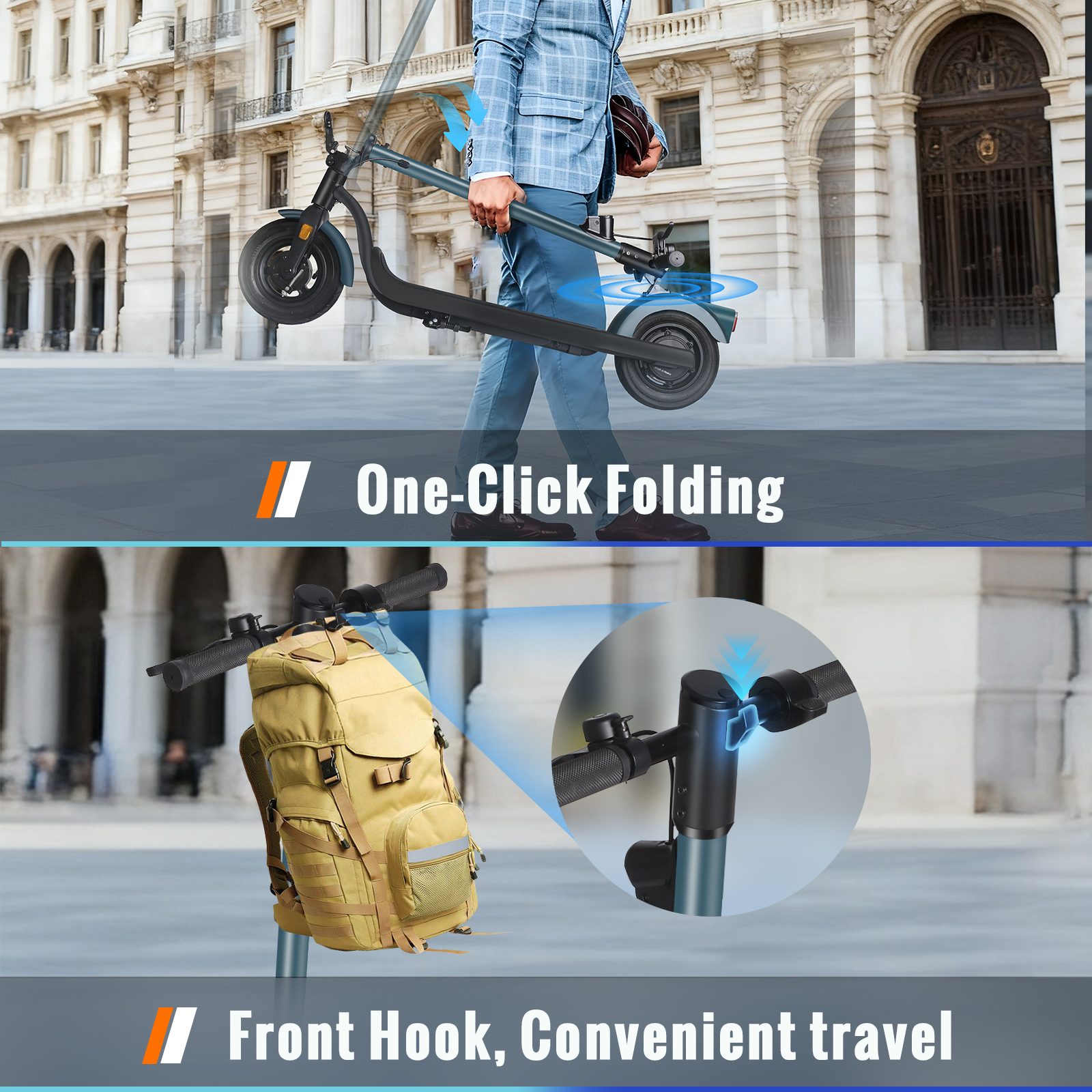Mężczyzna trzyma złożoną hulajnogę. Plecak wisi na przednim haku hulajnogi. Tekst mówi: One-Click Folding, Front Hook, Convenient travel.