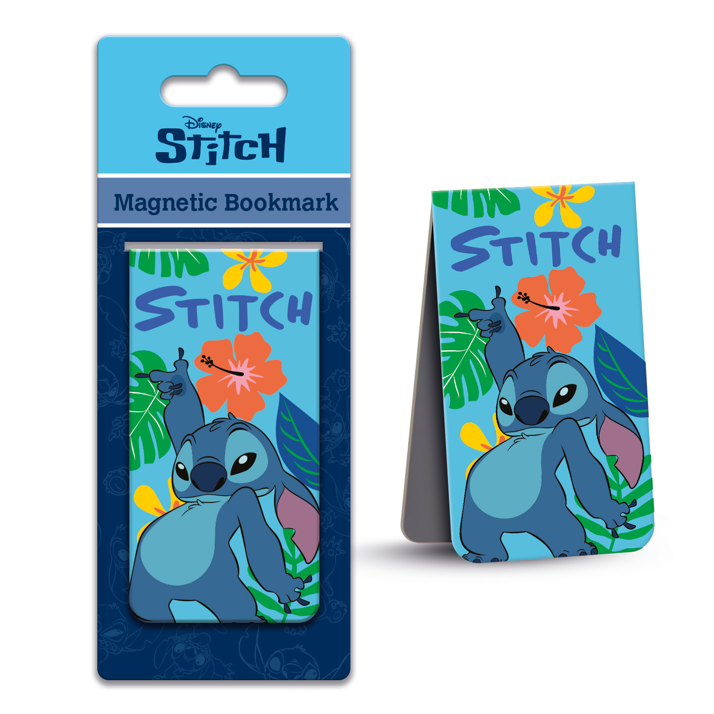 Stitch magnetischer Lesezeichen. Blauer Stitch-Charakter mit orangefarbener Blume und Blättern auf blauem Hintergrund.
