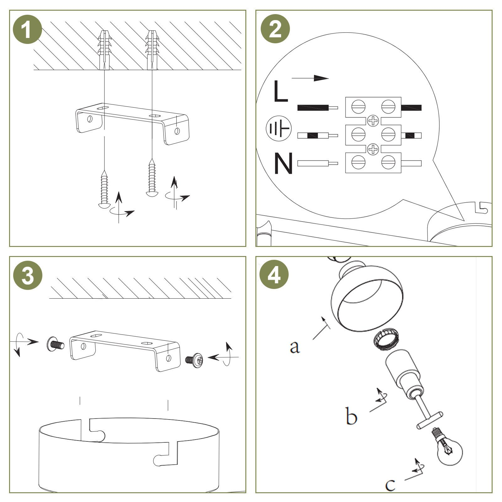 Istruzioni di montaggio con diagrammi. I passaggi includono il montaggio delle staffe, il cablaggio e il fissaggio dei componenti.