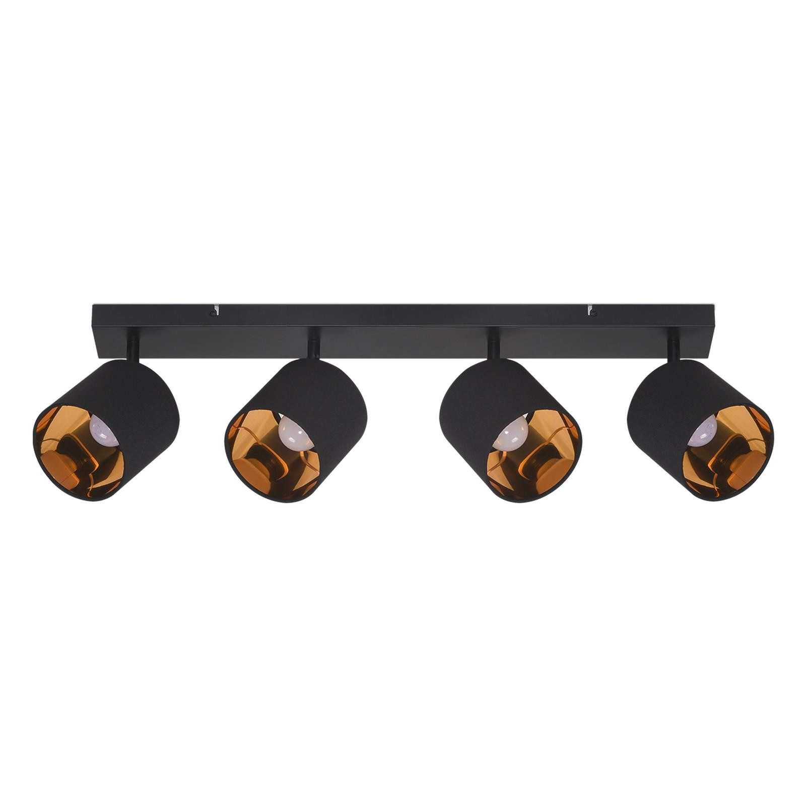 Un apparecchio a faretti da soffitto nero con quattro teste regolabili, ciascuna con interno dorato. Lo sfondo è bianco.