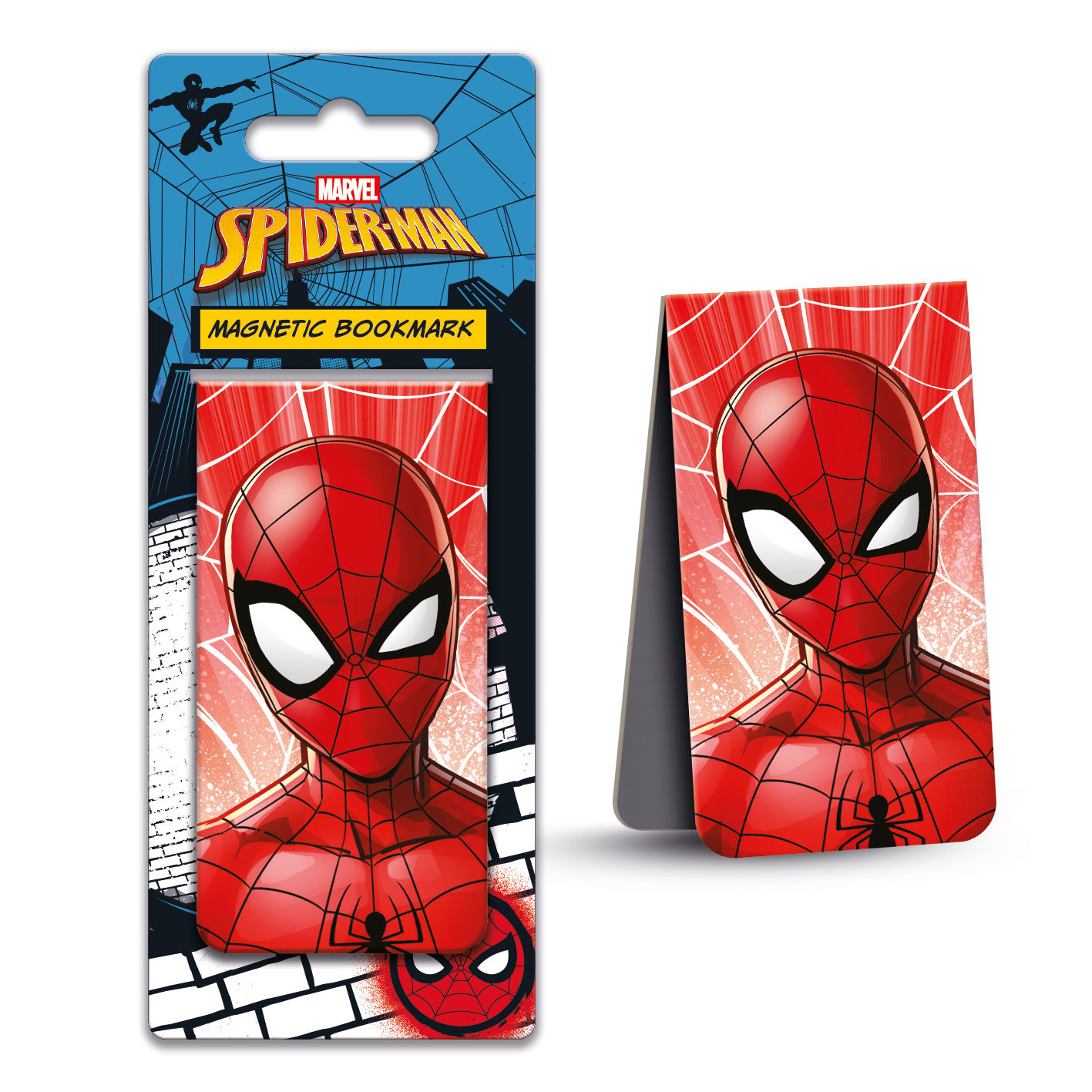 Magnetischer Spiderman-Lesezeichen mit dem Gesicht der Figur. Rote und weiße Farben dominieren. Die Verpackung enthält das Spiderman-Logo.
