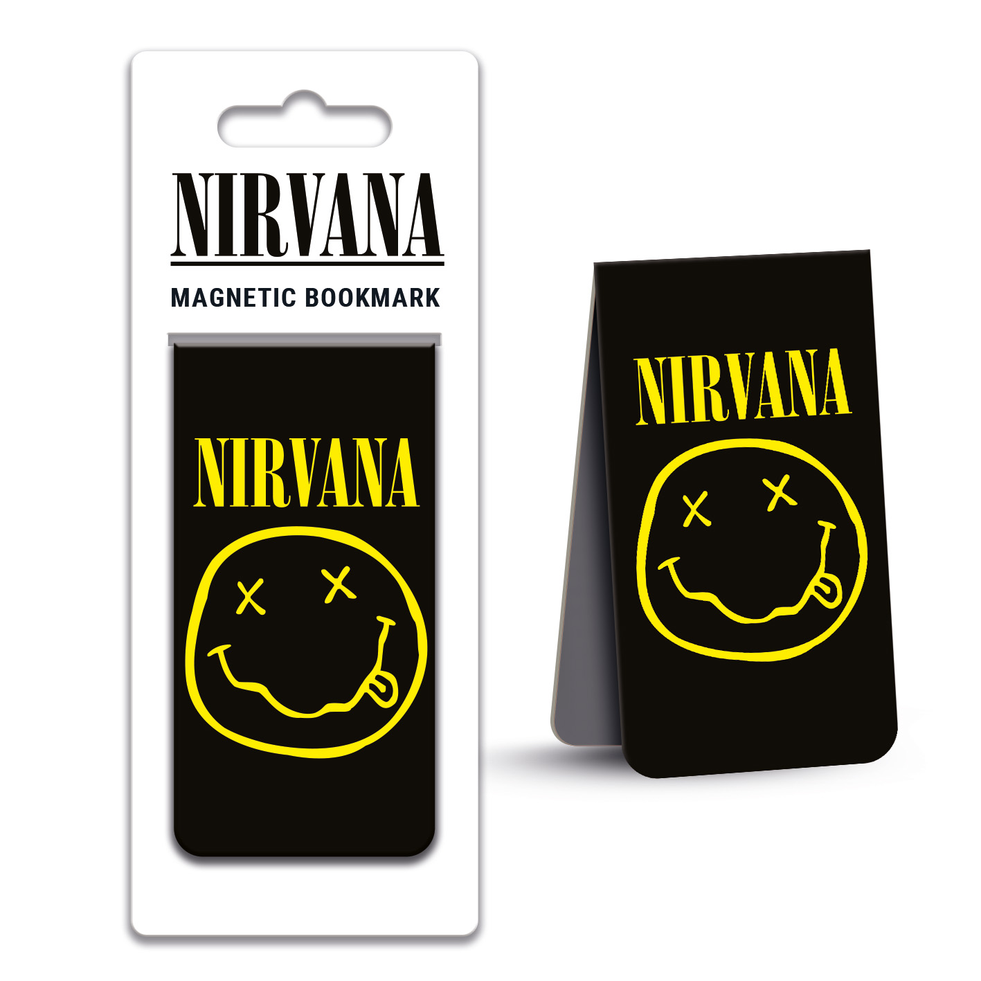 Nirvana Magnetischer Lesezeichen. Schwarz mit gelbem Nirvana-Logo und Smiley mit Zunge. Weiße Verpackung.