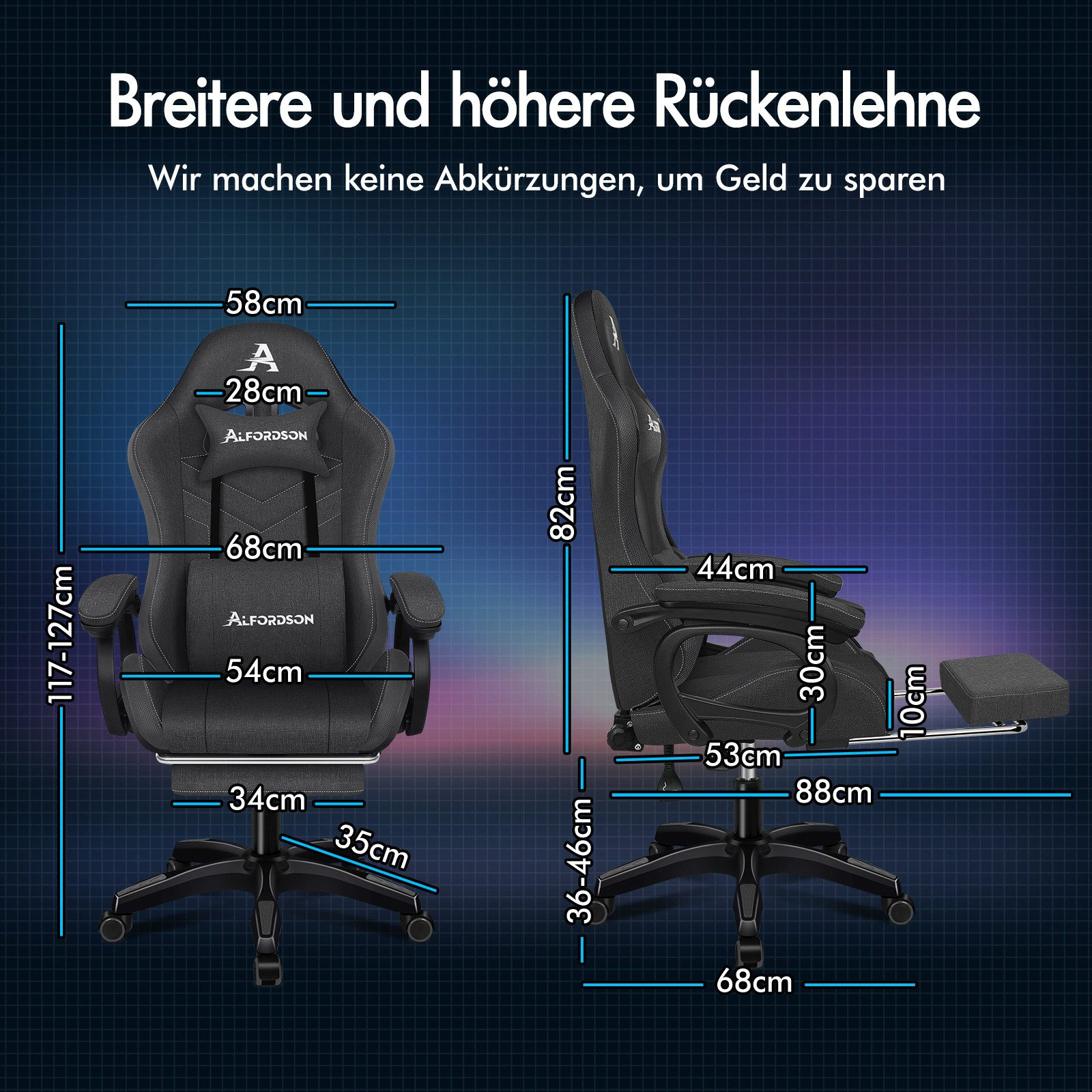 Ein schwarzer und grauer Gaming-Stuhl mit Maßen. Der Text oben lautet: breitere und höhere Rückenlehne.