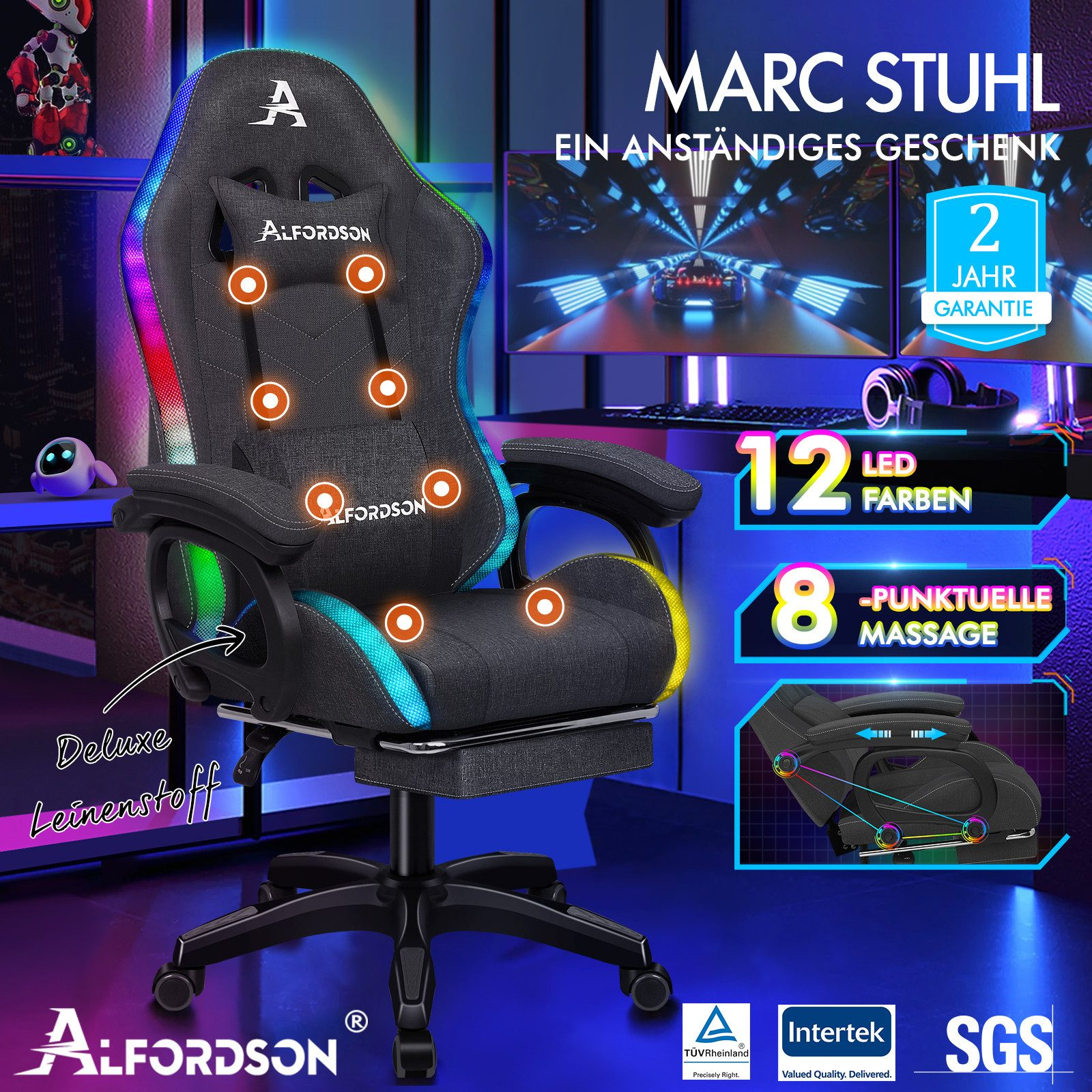 Ein Gaming-Stuhl mit LED-Beleuchtung. Merkmale sind Massage, 12 LED-Farben und 2 Jahre Garantie. Die Marke ist Alfordson.