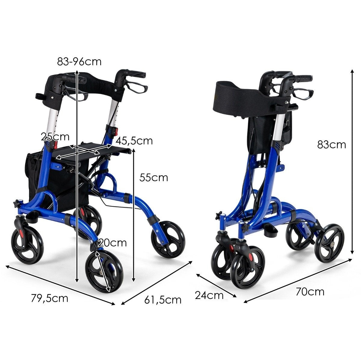 Dos andadores azules con medidas. Uno muestra 83-96cm de altura, 79,5cm de ancho. El otro tiene 83cm de altura, 70cm de ancho.