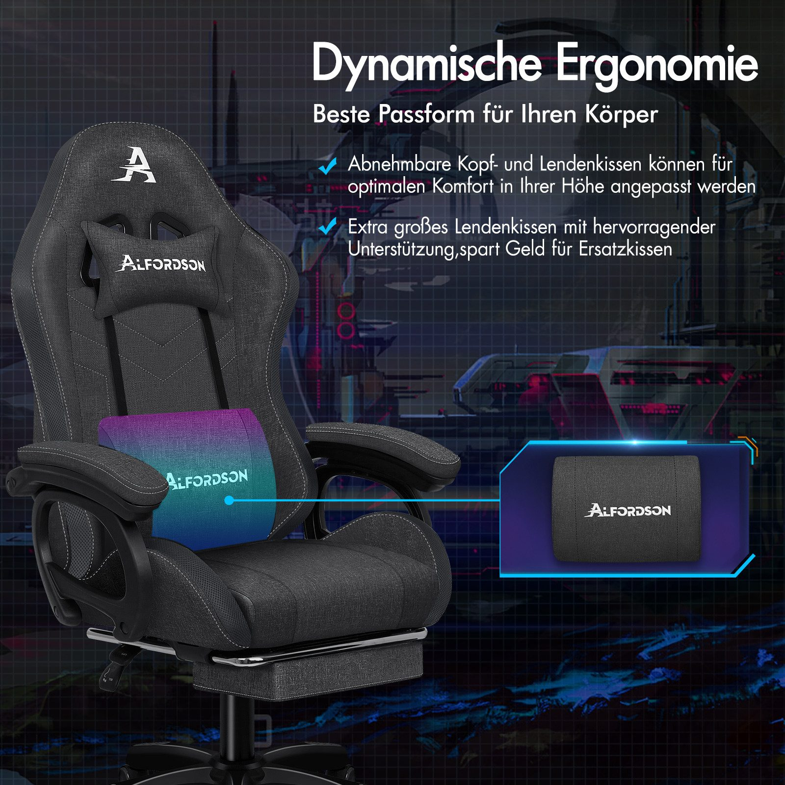 Ein dunkelgrauer Gaming-Stuhl mit Kopfstütze und Lendenkissen, beschriftet mit 'ALFORDSON', vor futuristischem Hintergrund.