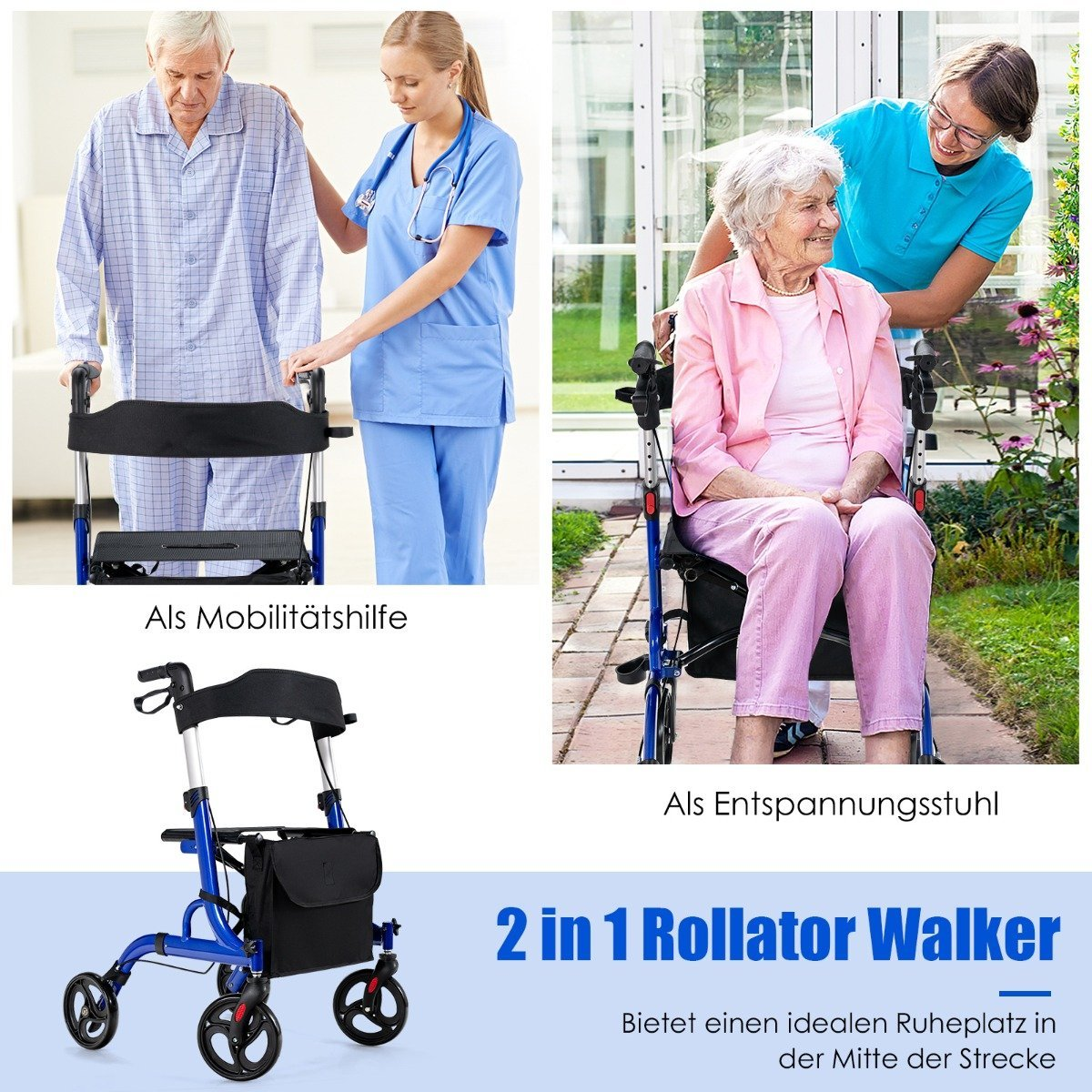 La imagen muestra un andador con ruedas, usado como ayuda para la movilidad y silla de descanso. La gente lo usa. El texto dice '2 en 1 Rollator Walker'.