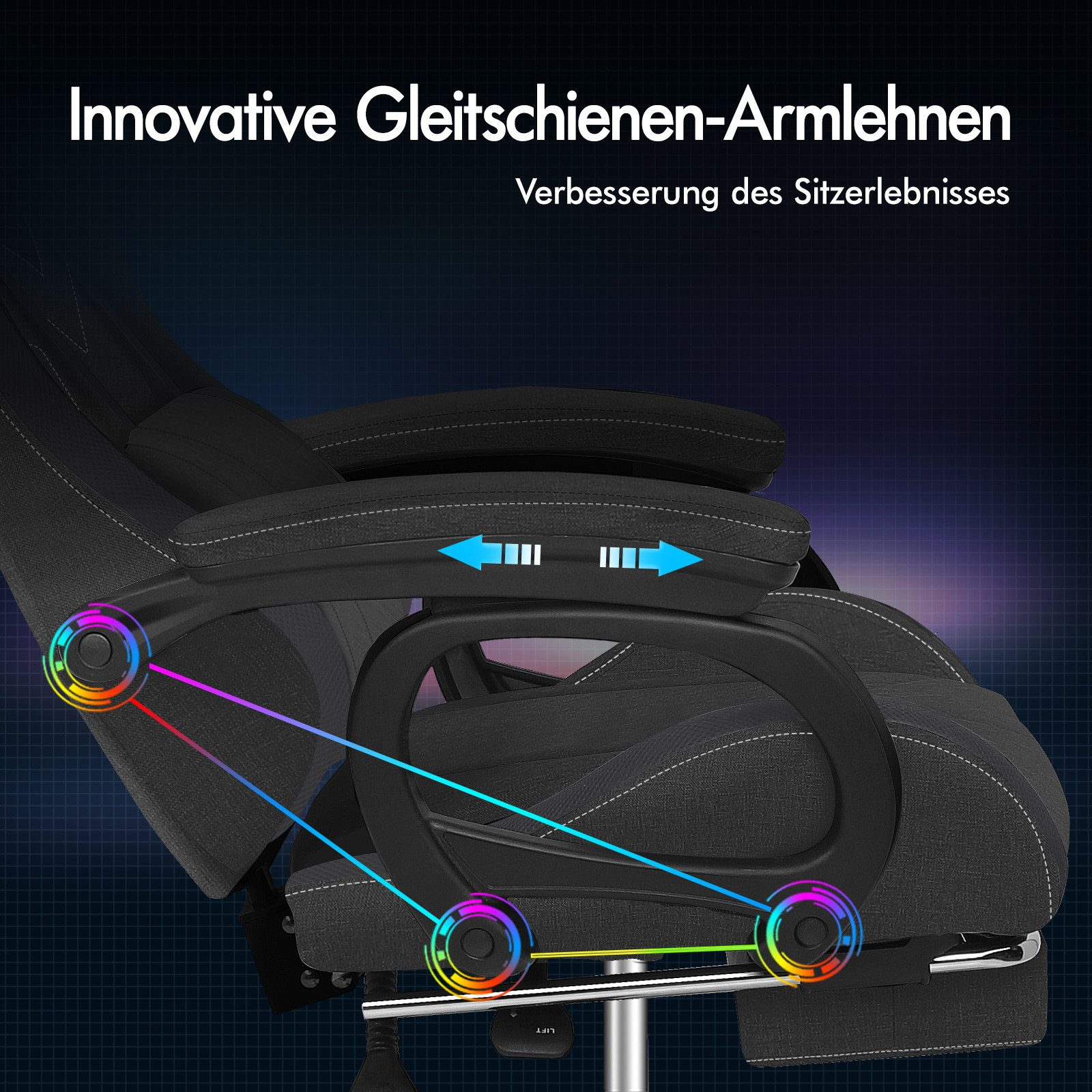 Gaming-Stuhl mit verstellbaren Armlehnen. Text lautet "Innovative Gleitschienen-Armlehnen". Pfeile zeigen Bewegung. Farbige Kreise markieren Gelenke.