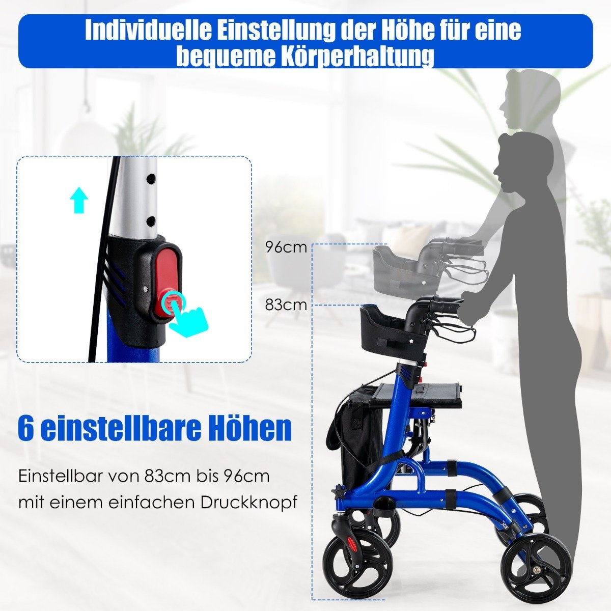 Un andador azul con altura ajustable de 83cm a 96cm. Tiene seis alturas ajustables y un botón para ajustar.