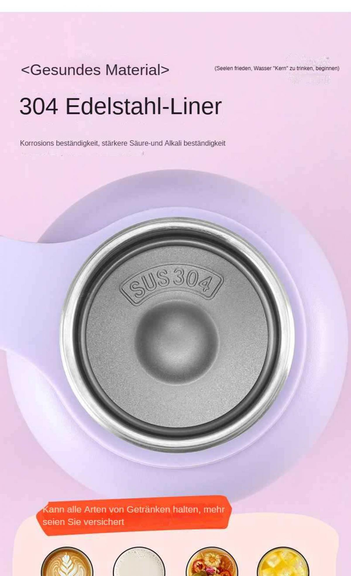 Nahaufnahme eines Edelstahl-Flaschenverschlusses mit der Aufschrift 'SUS 304' auf rosa-violettem Hintergrund.