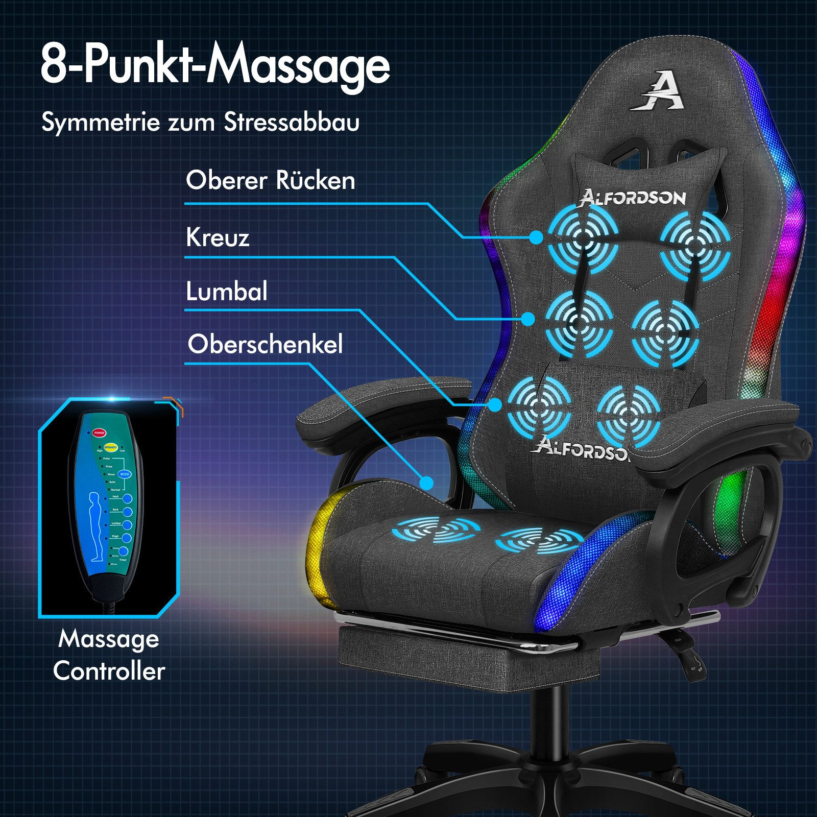 Ein Massagesessel mit 8-Punkt-Massagefunktion. Er hat eine Steuerung. Der Stuhl ist schwarz mit blauen und gelben Akzenten.