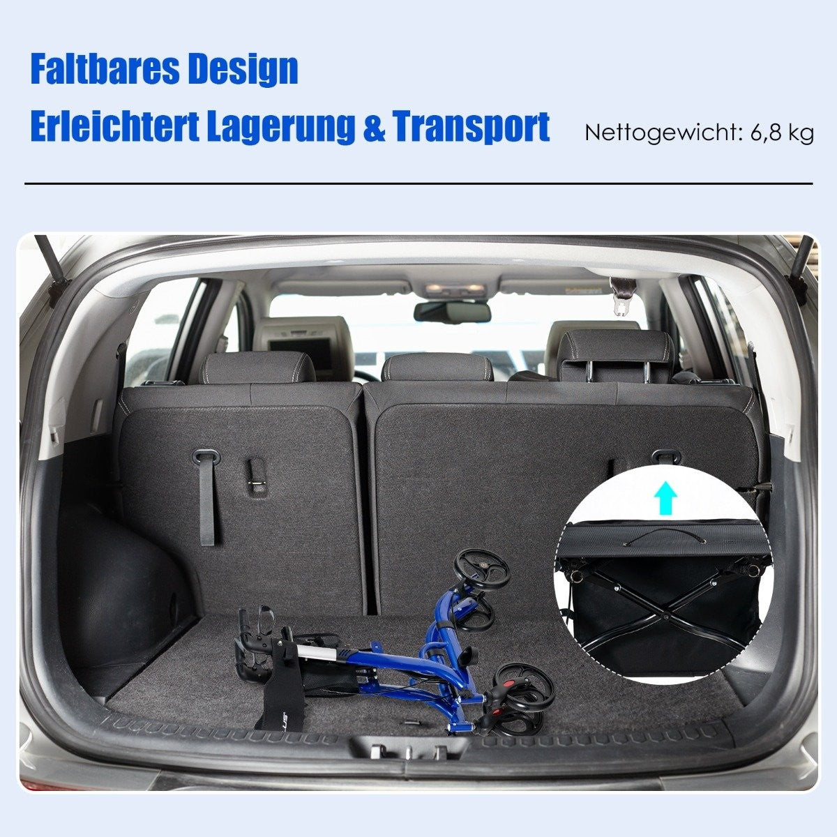 Maletero de coche con andador plegable azul y carrito plegable negro. Textos: Diseño plegable, Facilita el almacenamiento y el transporte, 6,8 kg.