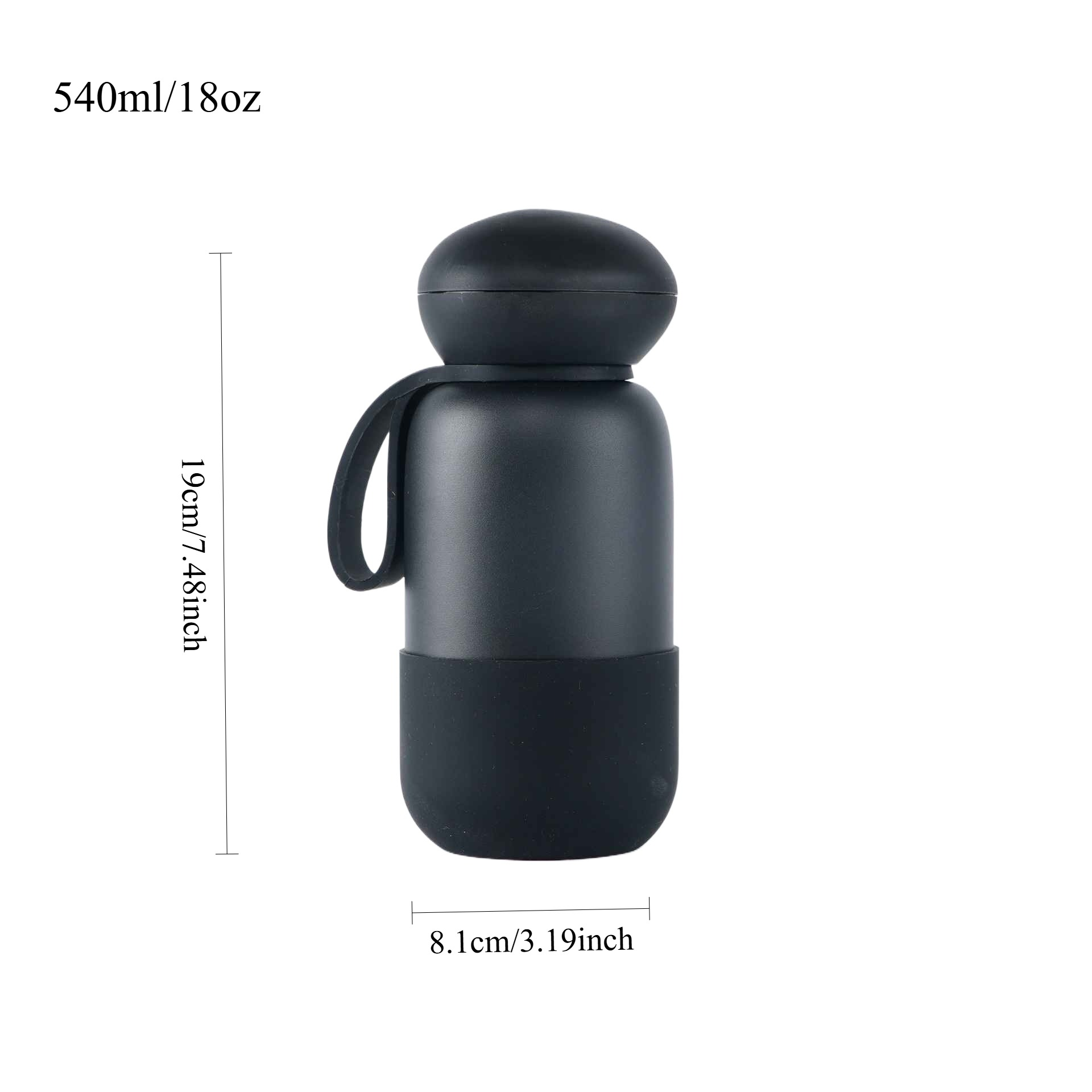 Eine schwarze Isolierflasche mit Griff, Maße angegeben. Sie hat eine runde Oberseite und einen Gummisockel. Weißer Hintergrund.