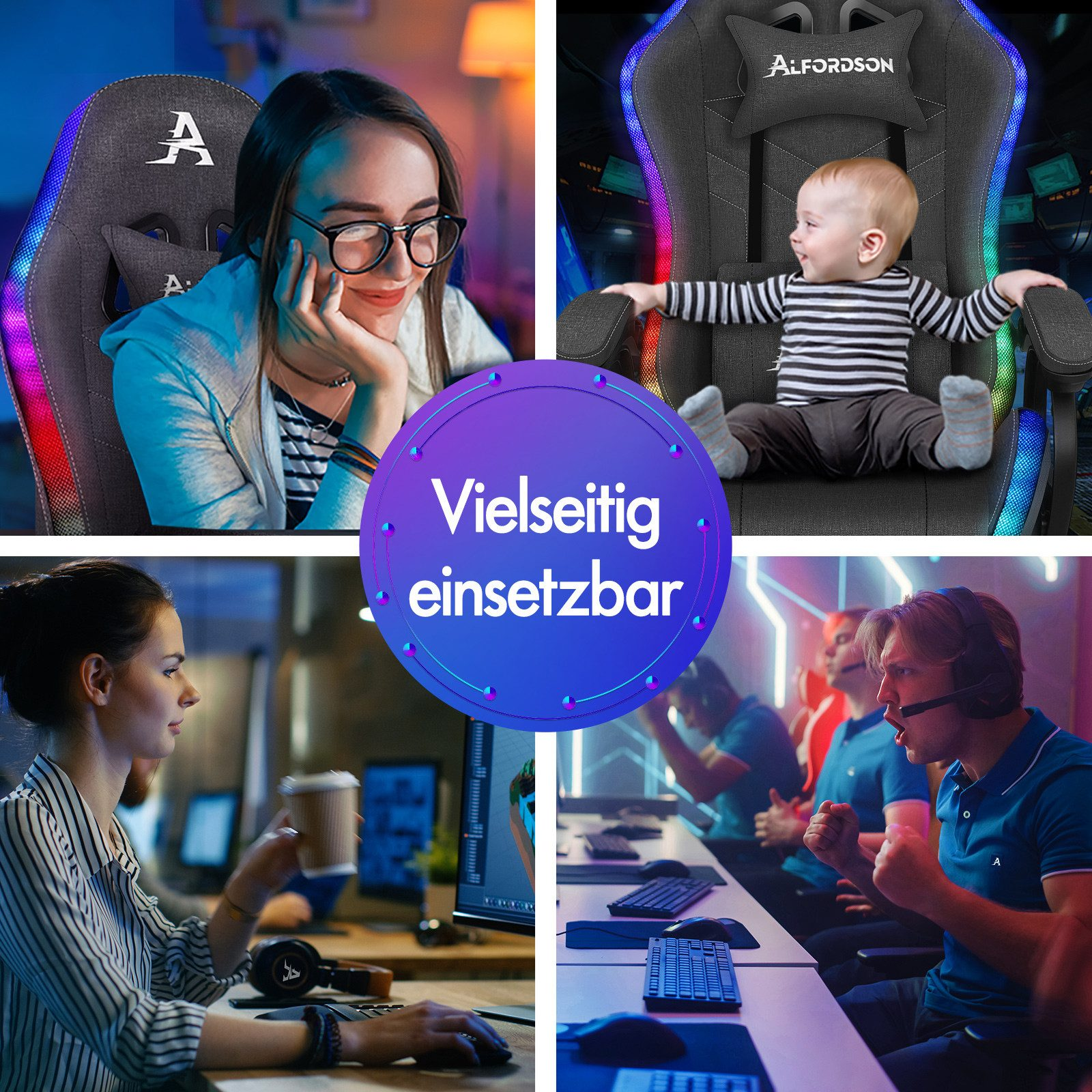 Das Bild zeigt Menschen, die einen Gaming-Stuhl in verschiedenen Szenarien verwenden: Arbeiten, Spielen und Entspannen. Text auf Deutsch: Vielseitig einsetzbar.