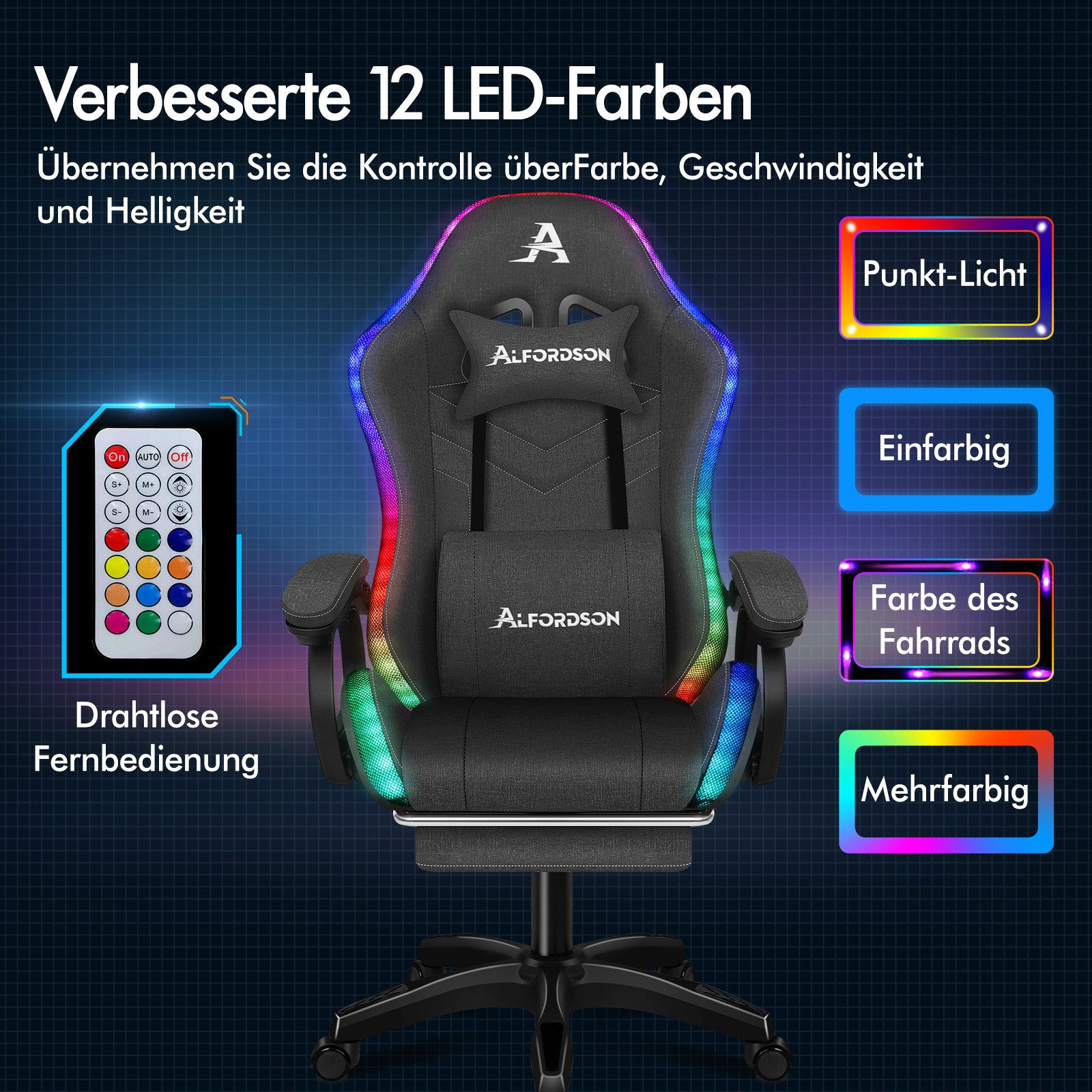 Gaming-Stuhl mit LED-Leuchten. Enthält Fernbedienung und Optionen für verschiedene Lichtmodi und Farben. Die Marke ist Alfordson.