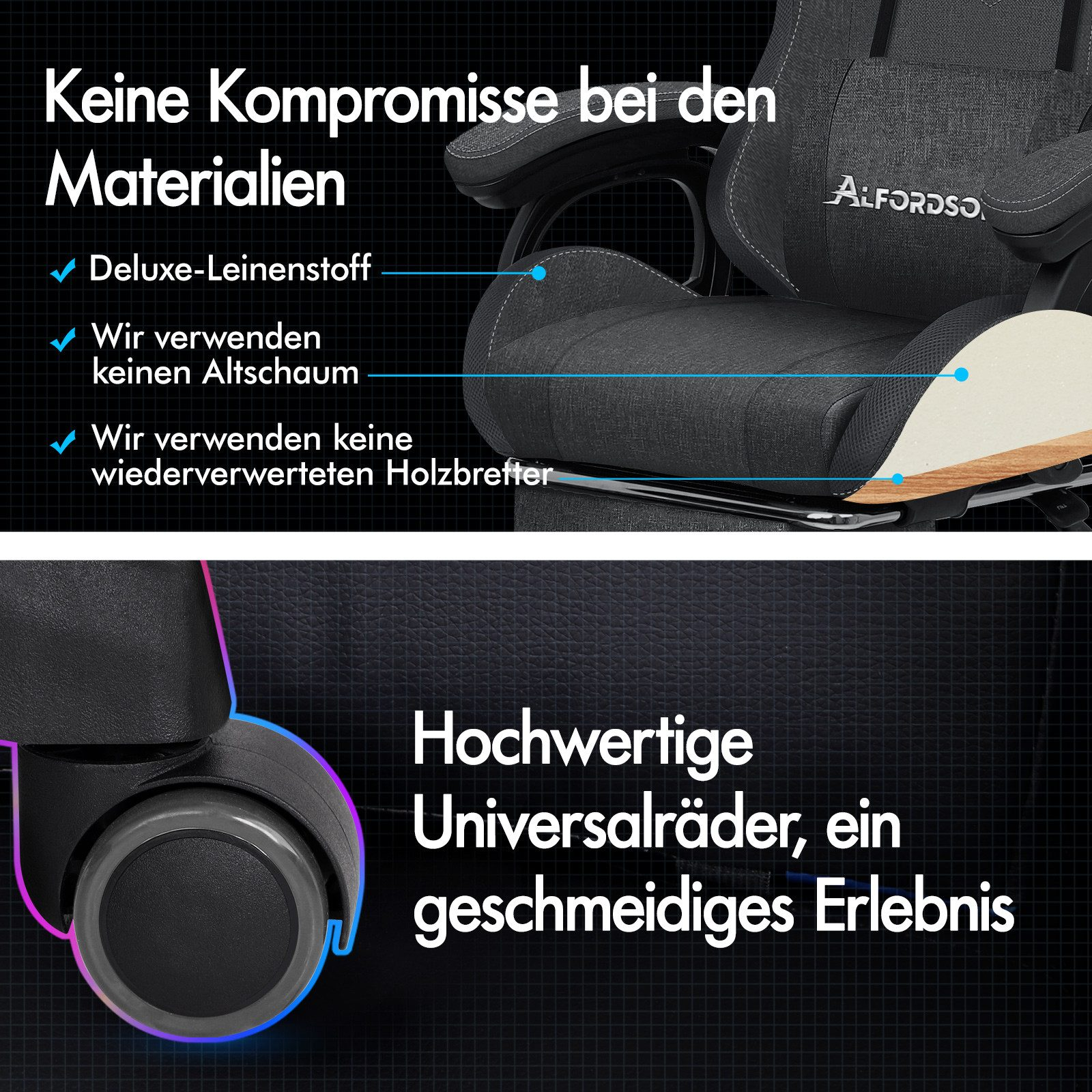 Nahaufnahme eines schwarzen Bürostuhls mit Text über Materialien und Räder. Der Stuhl hat ein Markenlogo.