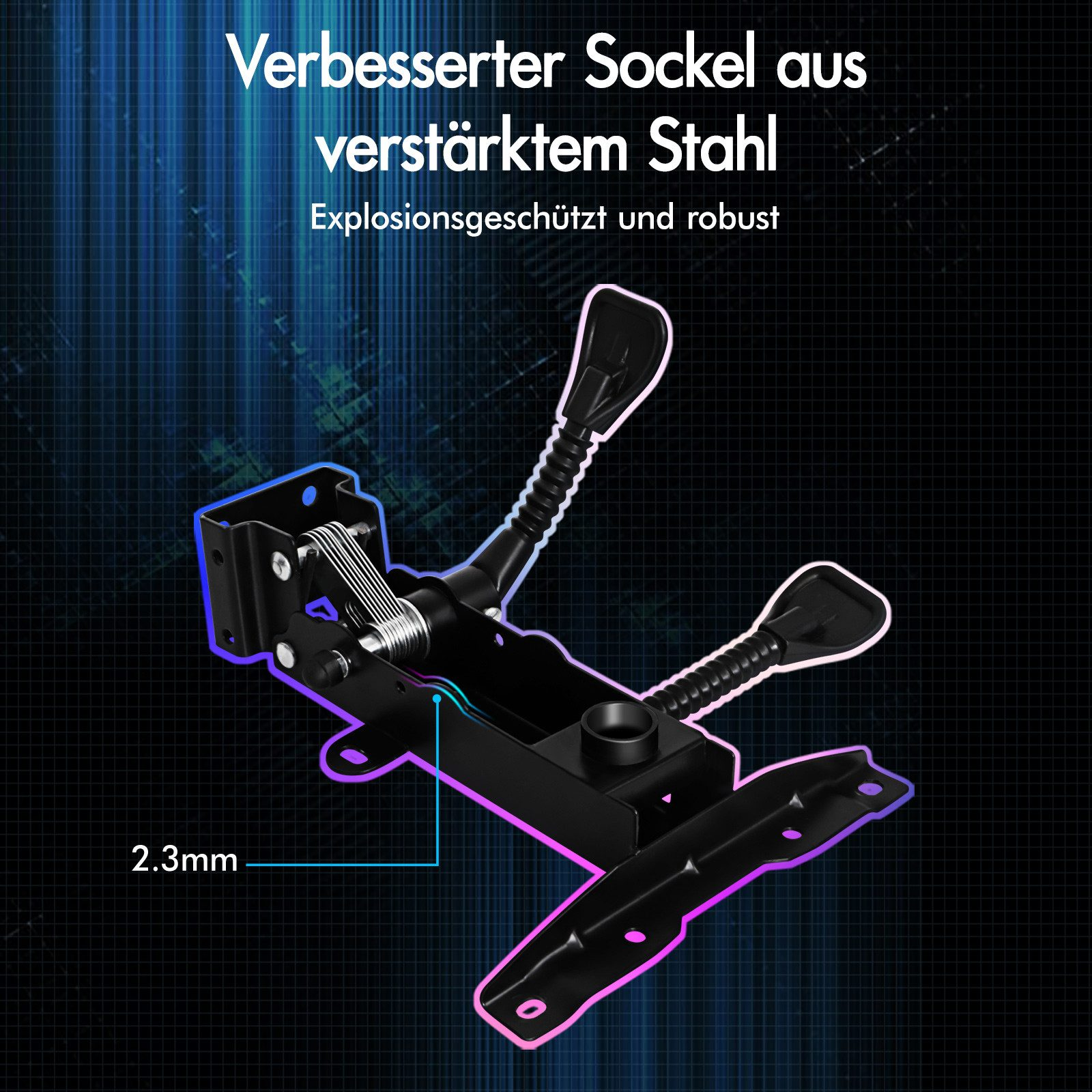 Schwarzer Stuhlsockel mit zwei Hebeln und einem zentralen Pfosten, Text oben: 'Verbesserter Sockel aus verstärktem Stahl'.