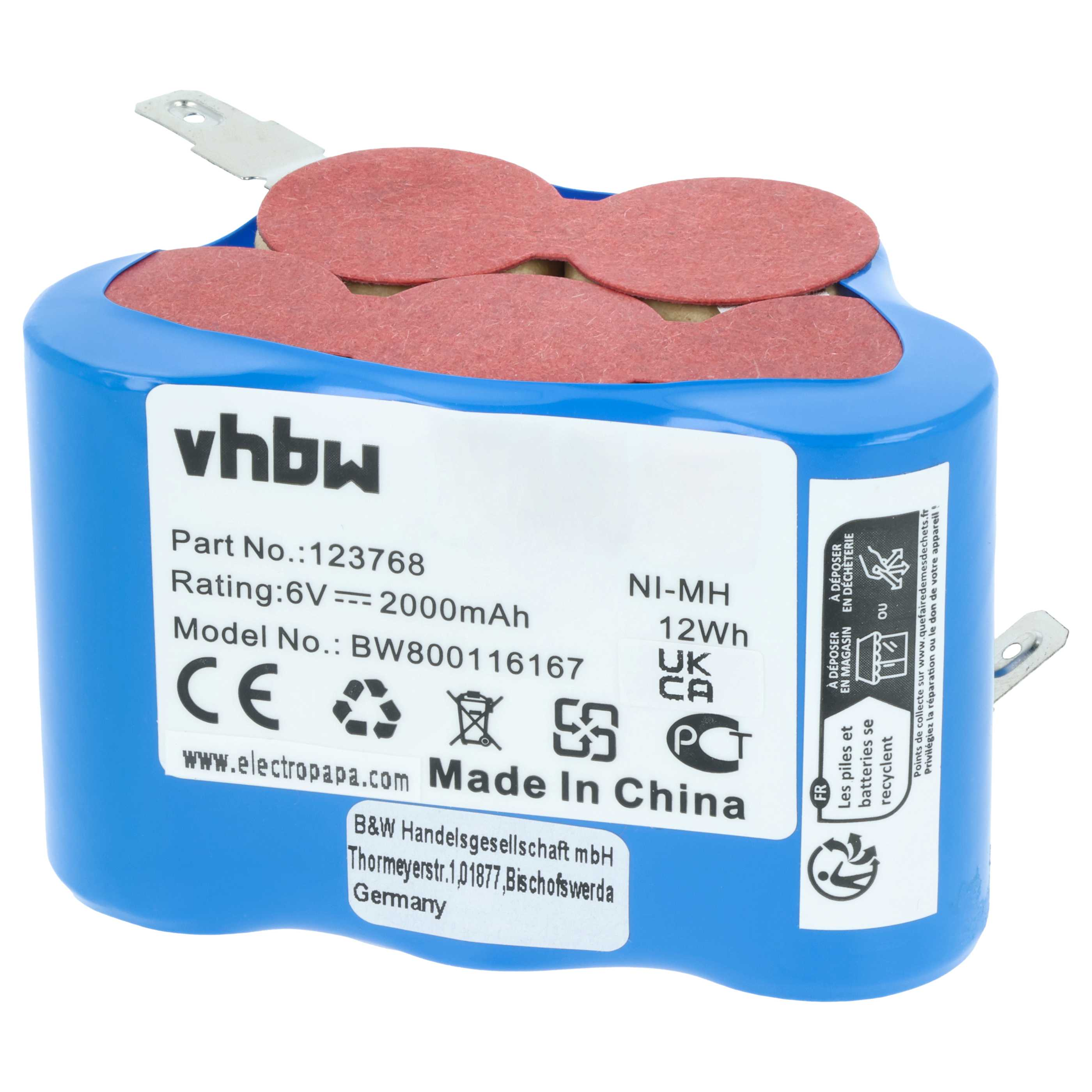 Blau-rotes Batteriepack mit weißen Etiketten. Text enthält Marke, Modell und Recycling-Info.