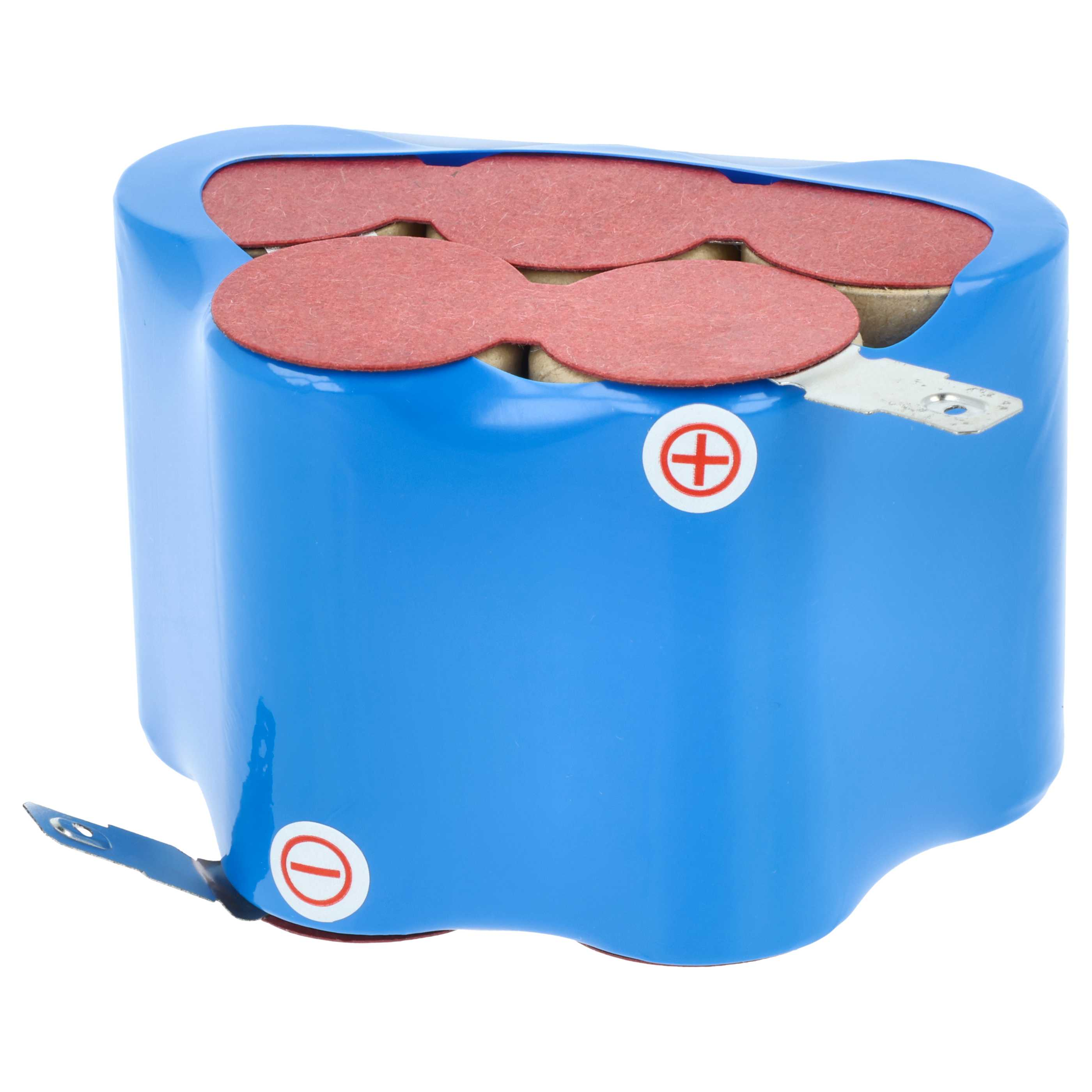 Ein blauer Akku mit roten Pads oben. Hat Plus- und Minuszeichen. Metalllasche ragt von der Seite heraus.