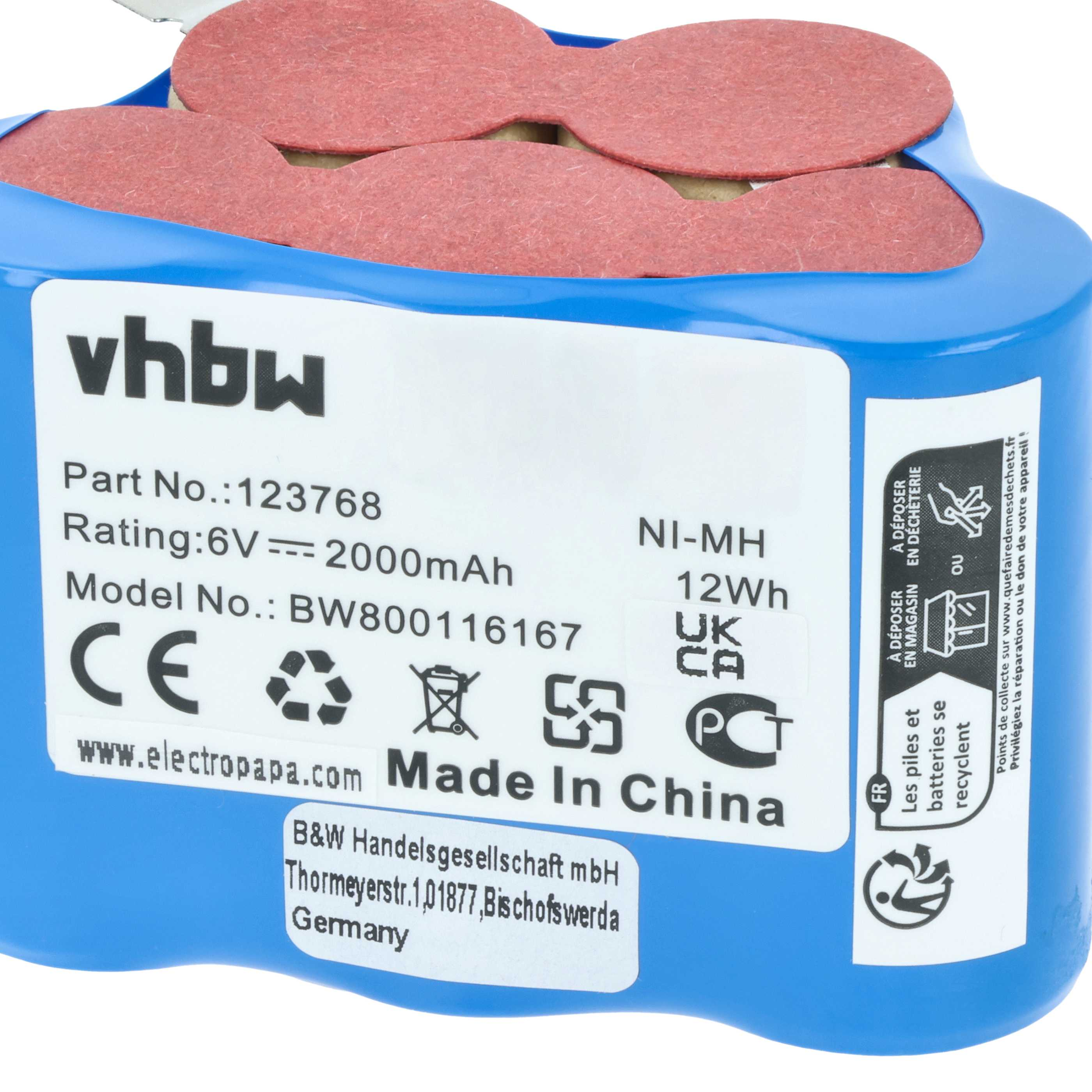 Blauer Akku mit weißem Etikett. Text enthält 'vhbw', 'Made in China' und Recycling-Symbole.