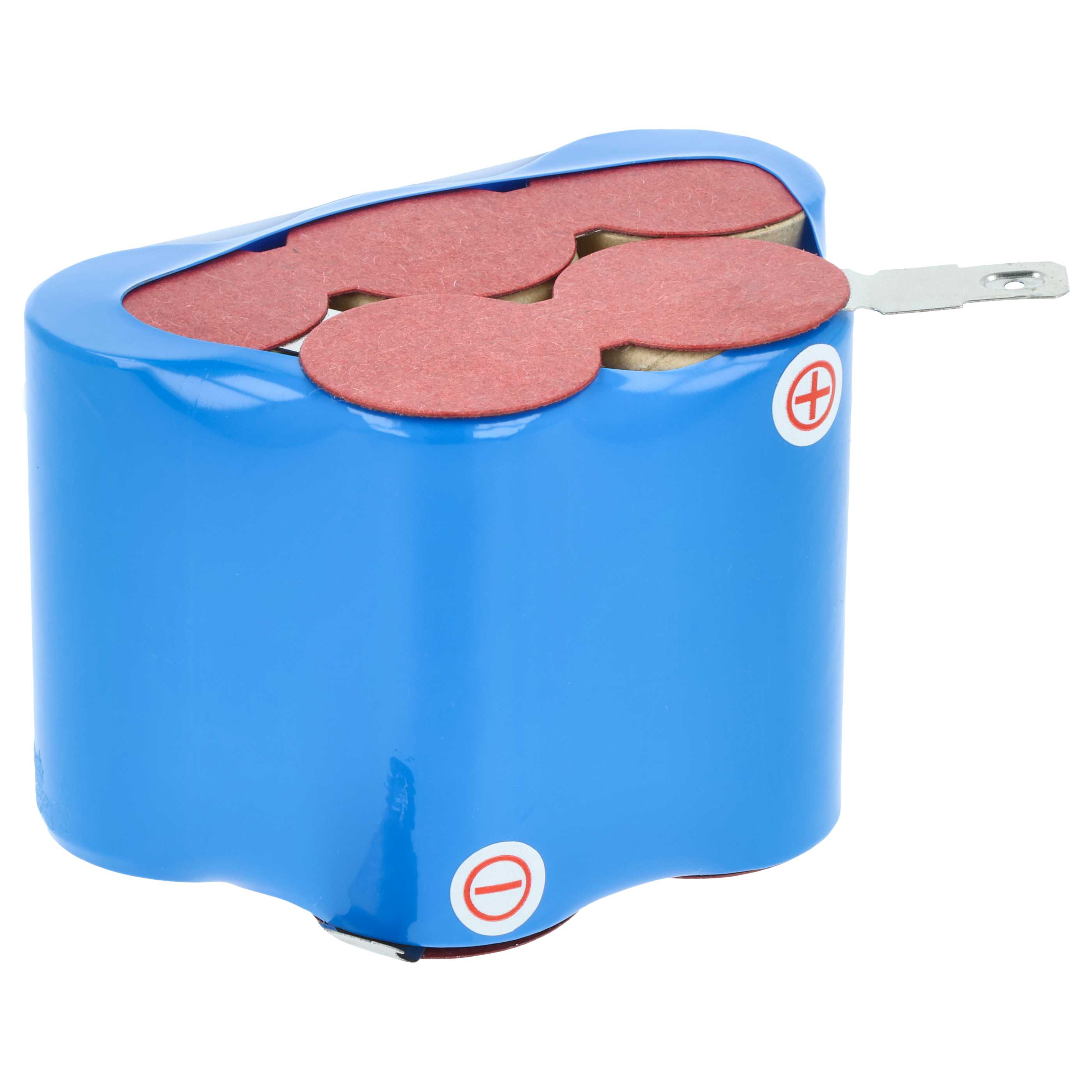 Eine blaue Batterie mit roten Pads oben und einer Metallzunge. Positive und negative Symbole sind sichtbar.