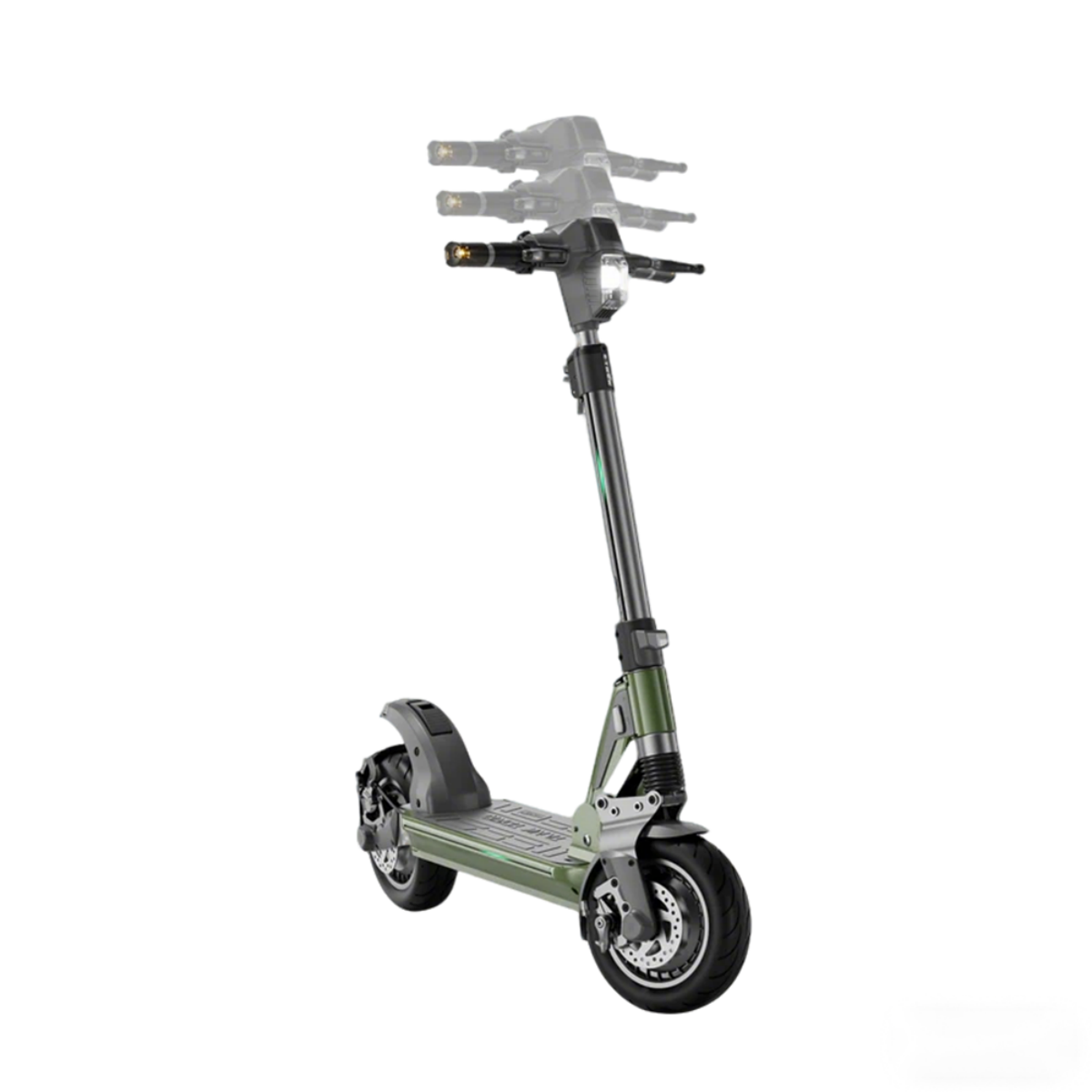Hulajnoga elektryczna z ciemnozieloną ramą, czarnymi oponami i białym reflektorem. Kierownica ma światła na końcach.