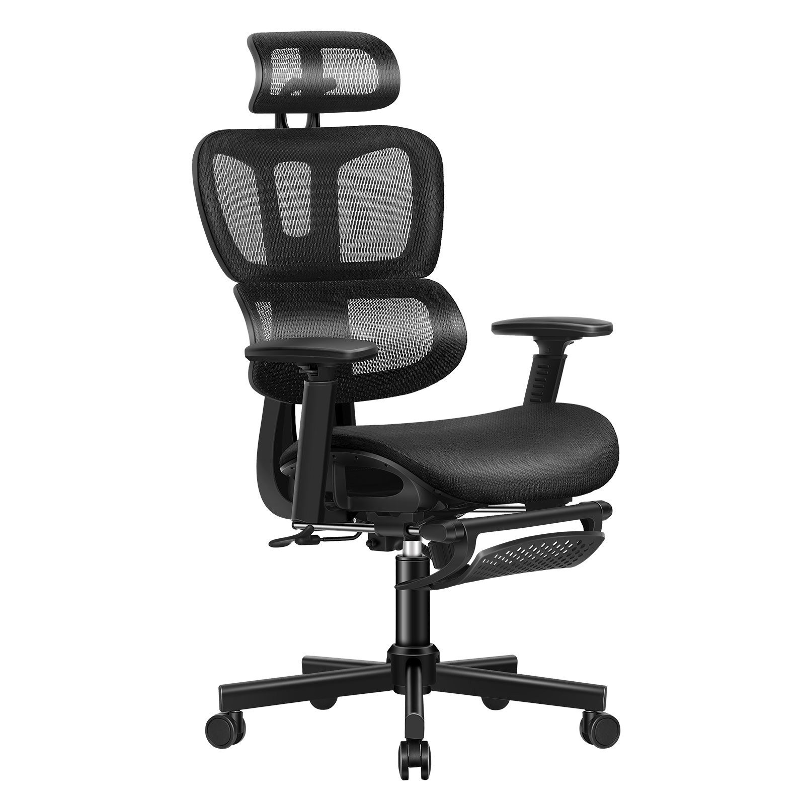 Ein schwarzer ergonomischer Bürostuhl mit Netzrücken und Kopfstütze, Armlehnen und einem Fünf-Sterne-Fuß mit Rollen.