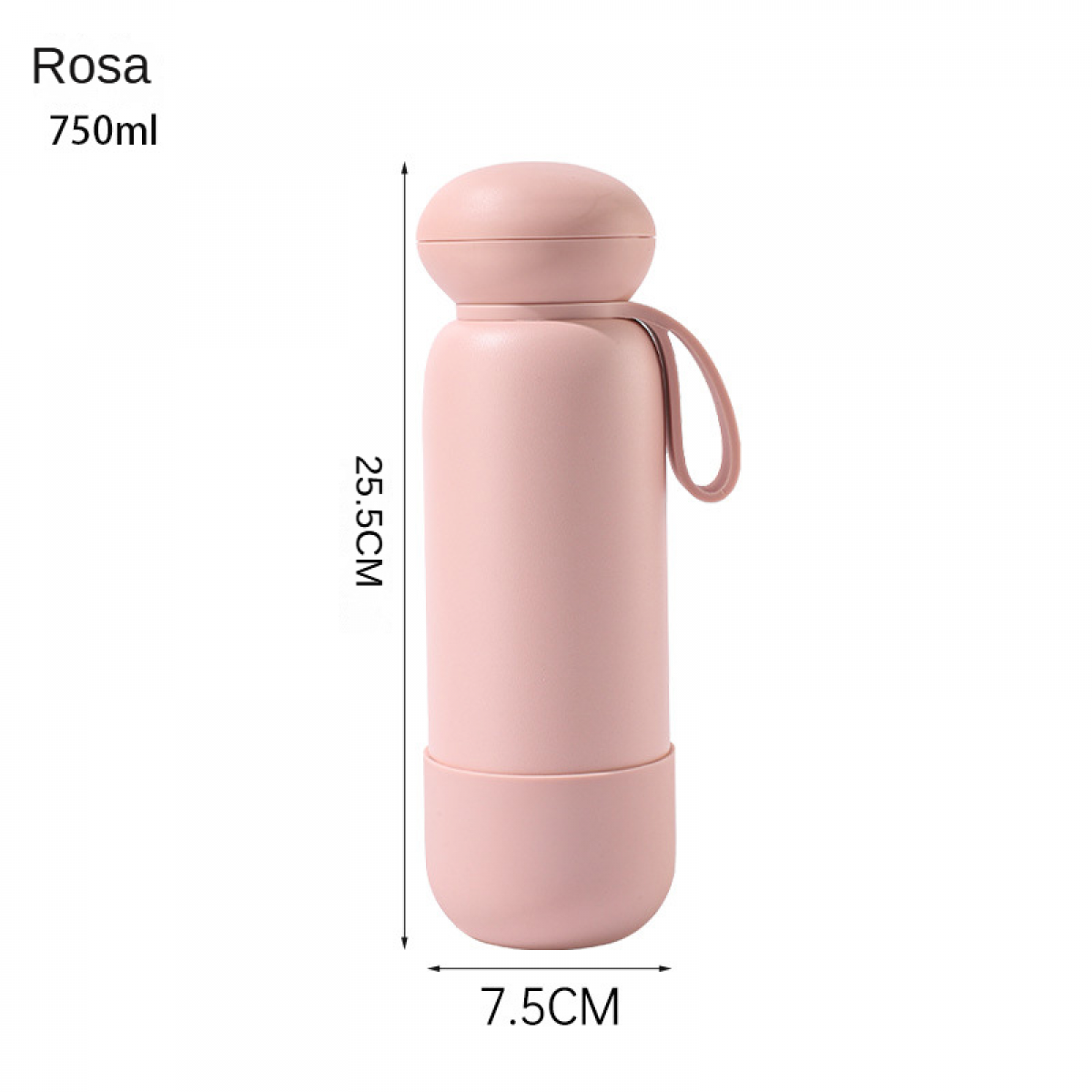 Eine rosa Wasserflasche wird gezeigt. Sie hat einen runden Deckel, einen Henkel und einen Boden. Die Flasche ist 25,5 cm hoch und 7,5 cm breit.