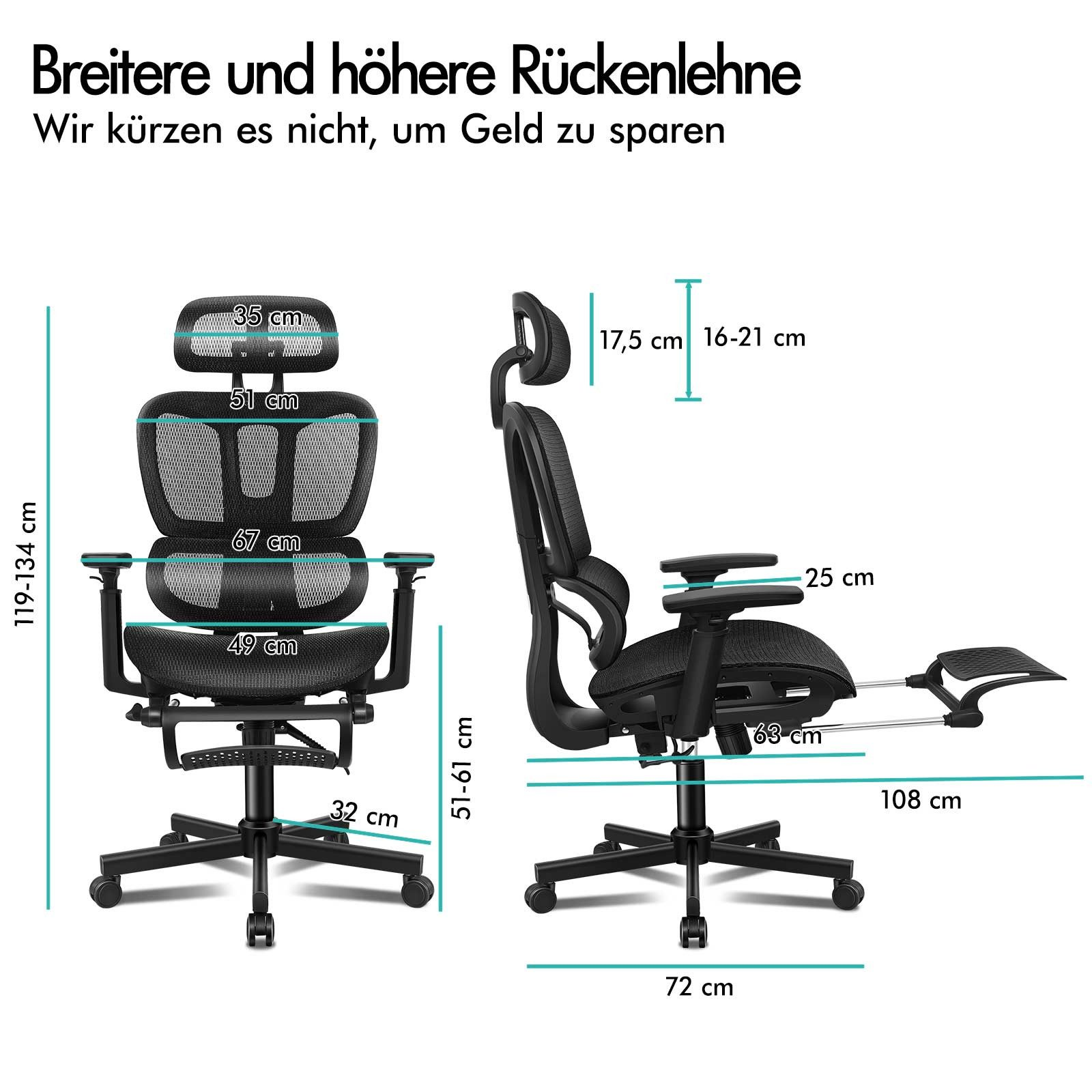 Ein Bürostuhl mit Maßangaben. Schwarze Netzlehne, mit Zentimeter-Maßen.