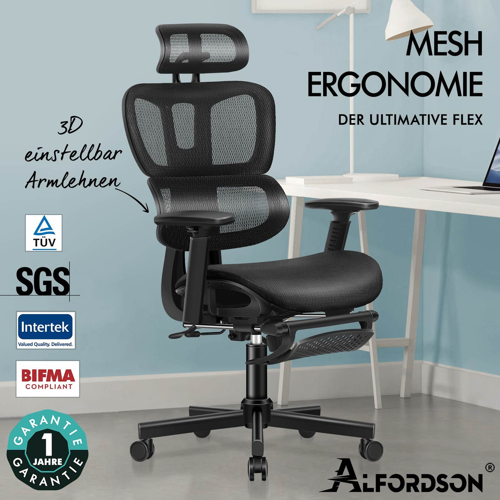 Schwarzer ergonomischer Bürostuhl mit Mesh, verstellbaren Armlehnen und Kopfstütze auf schwarzem Sockel mit Rollen.
