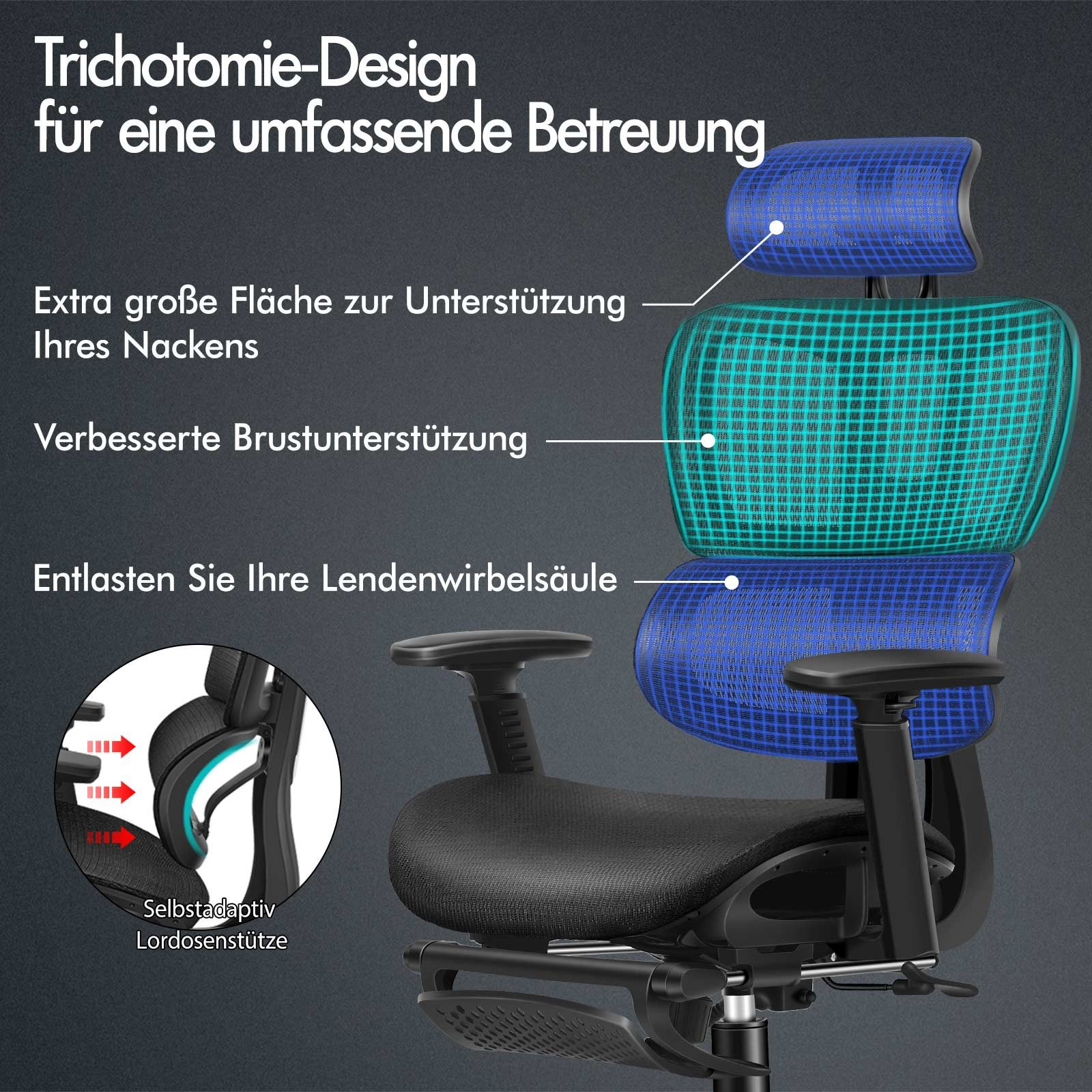 Ein ergonomischer Stuhl mit blauen und türkisfarbenen Netzstützen, schwarzem Sitz und Rahmen. Text hebt die Stützfunktionen hervor.