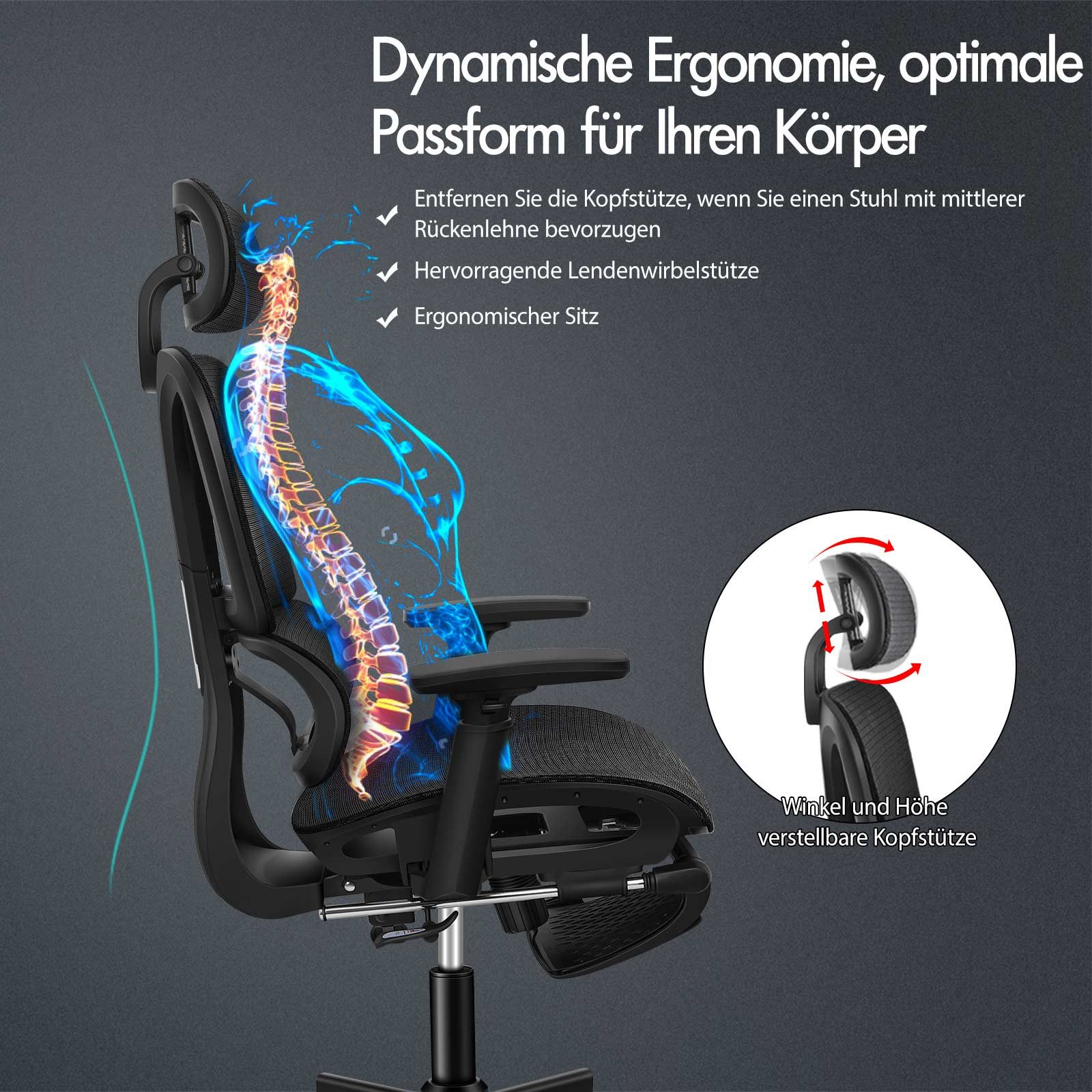 Ein Bürostuhl mit hervorgehobener Wirbelsäulenillustration. Text erwähnt ergonomische Eigenschaften und verstellbare Kopfstütze.