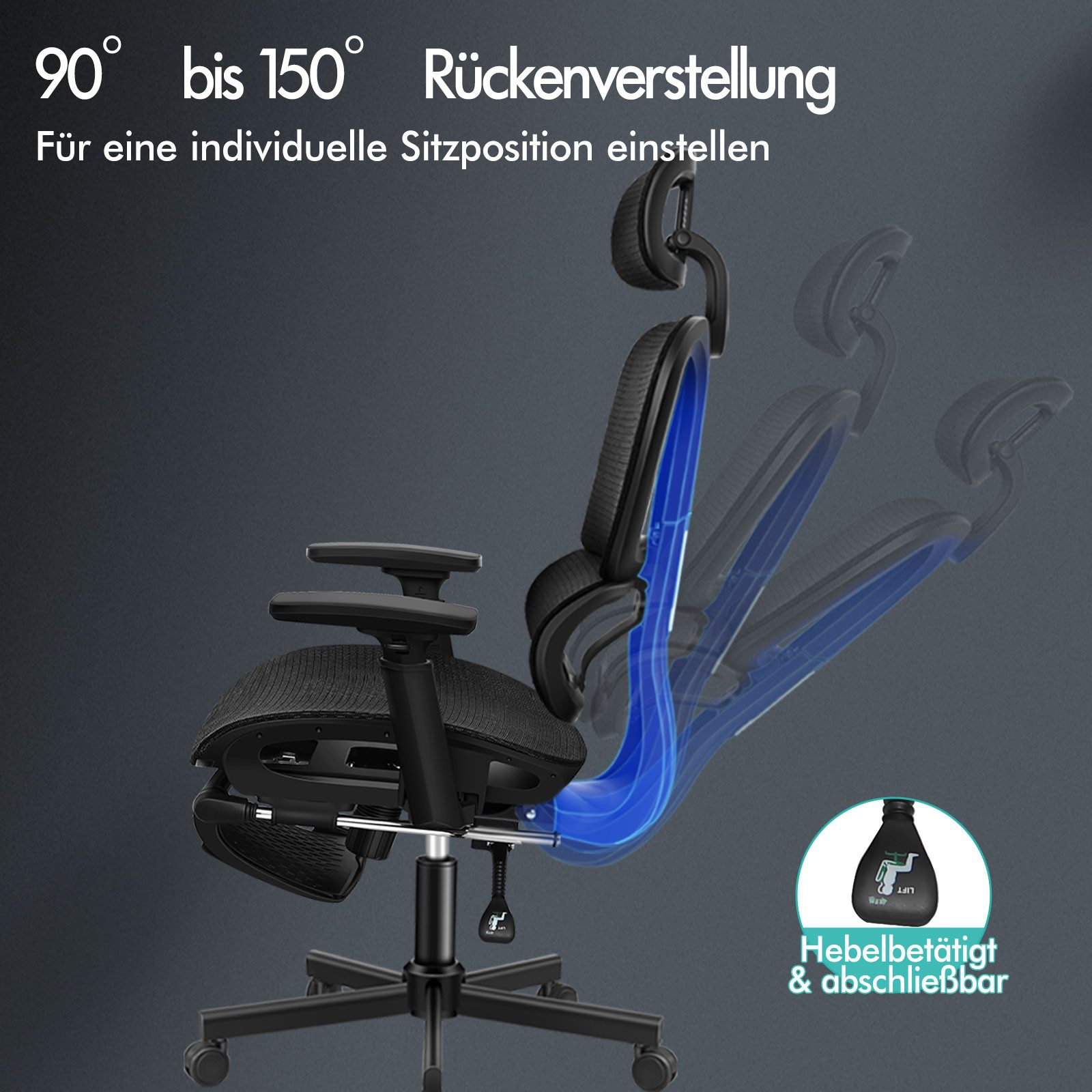 Ein Bürostuhl mit verstellbarer Rückenlehne. Er hat eine Kopfstütze, Armlehnen und ein Fünf-Rollen-Gestell. Die Rückenlehne ist blau.