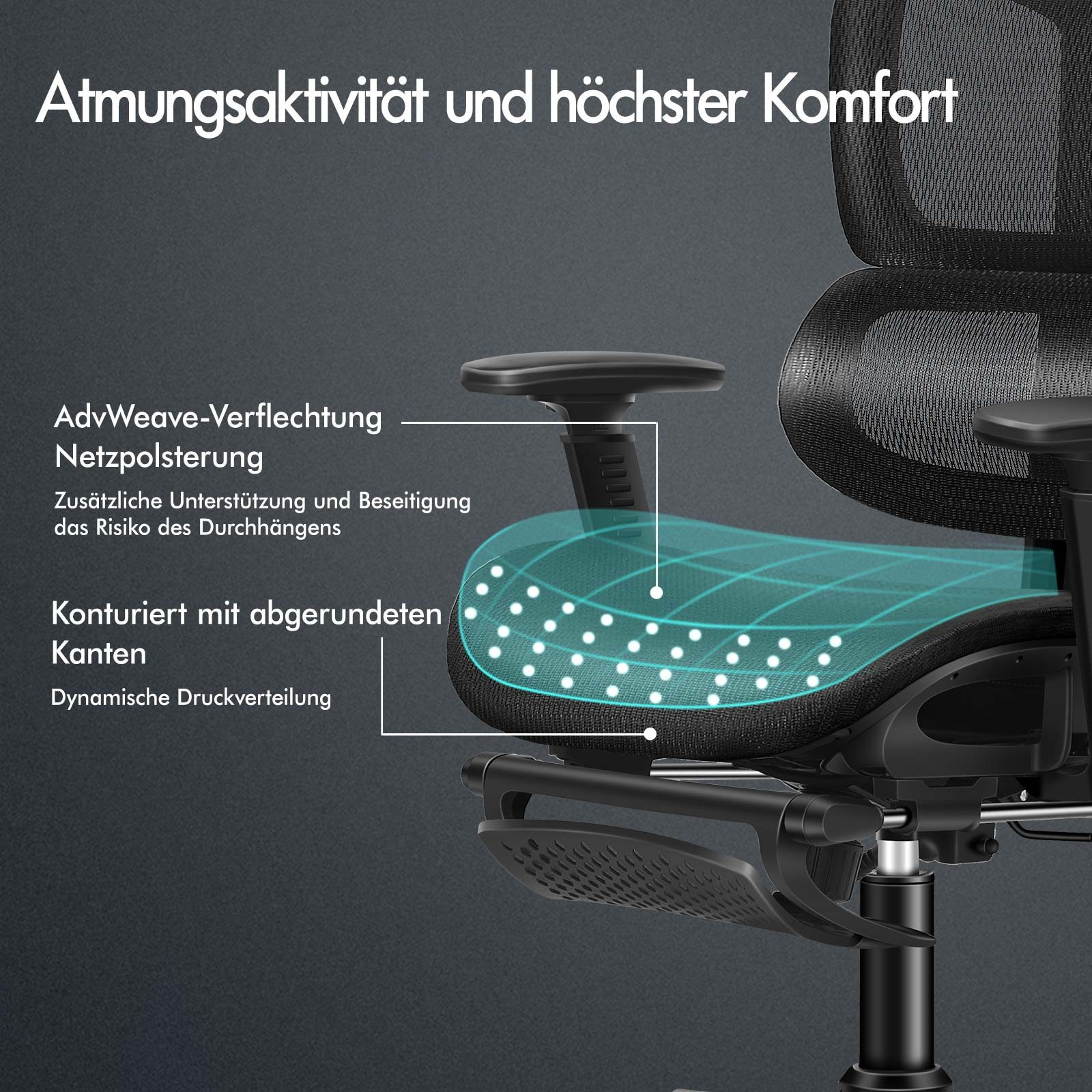 Ein Bürostuhl mit schwarzem Mesh-Rücken und -Sitz, der seine Merkmale mit Textüberlagerungen hervorhebt.