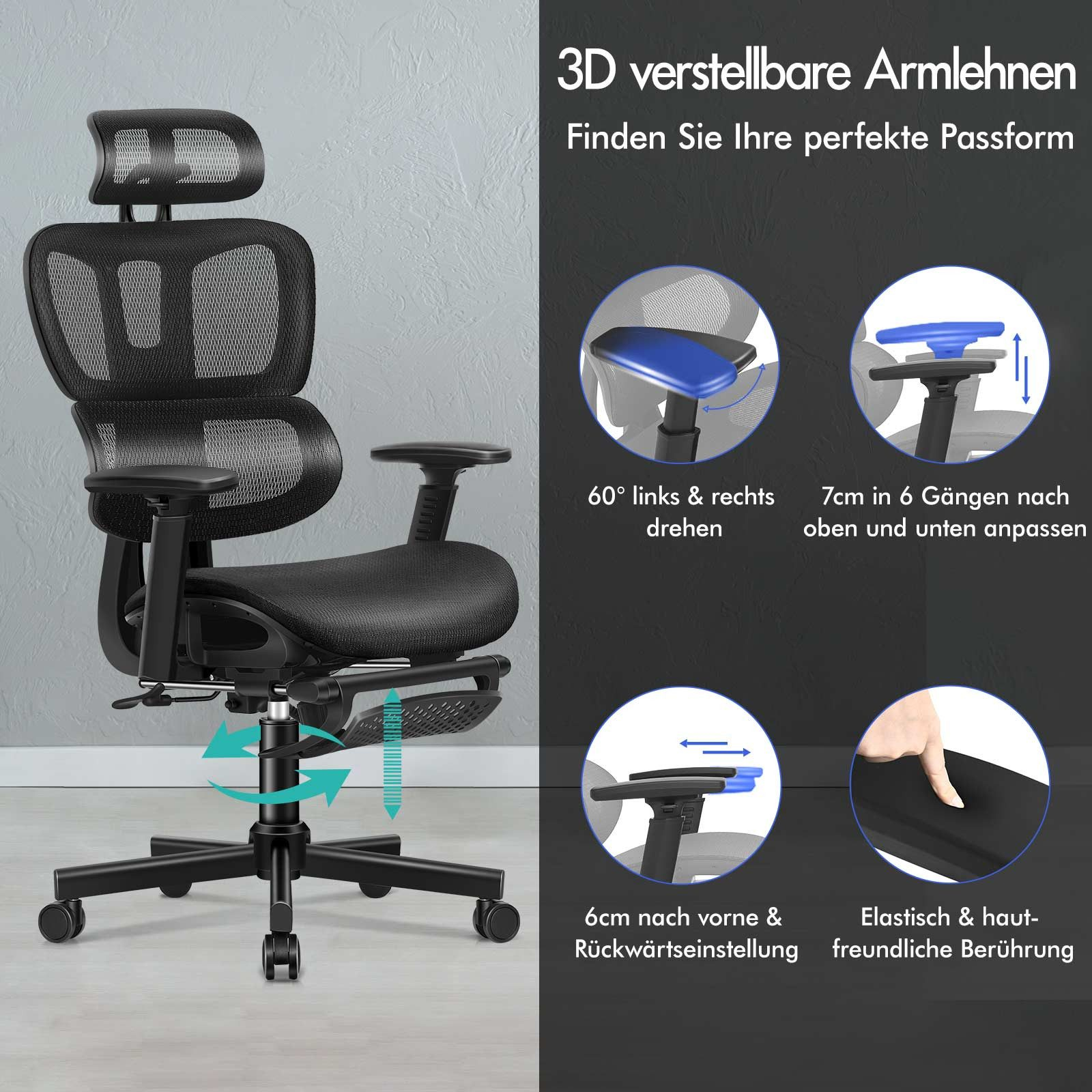Schwarzer Bürostuhl mit verstellbaren Armlehnen und Kopfstütze, Funktionen wie Drehung und Höhenverstellung werden gezeigt.