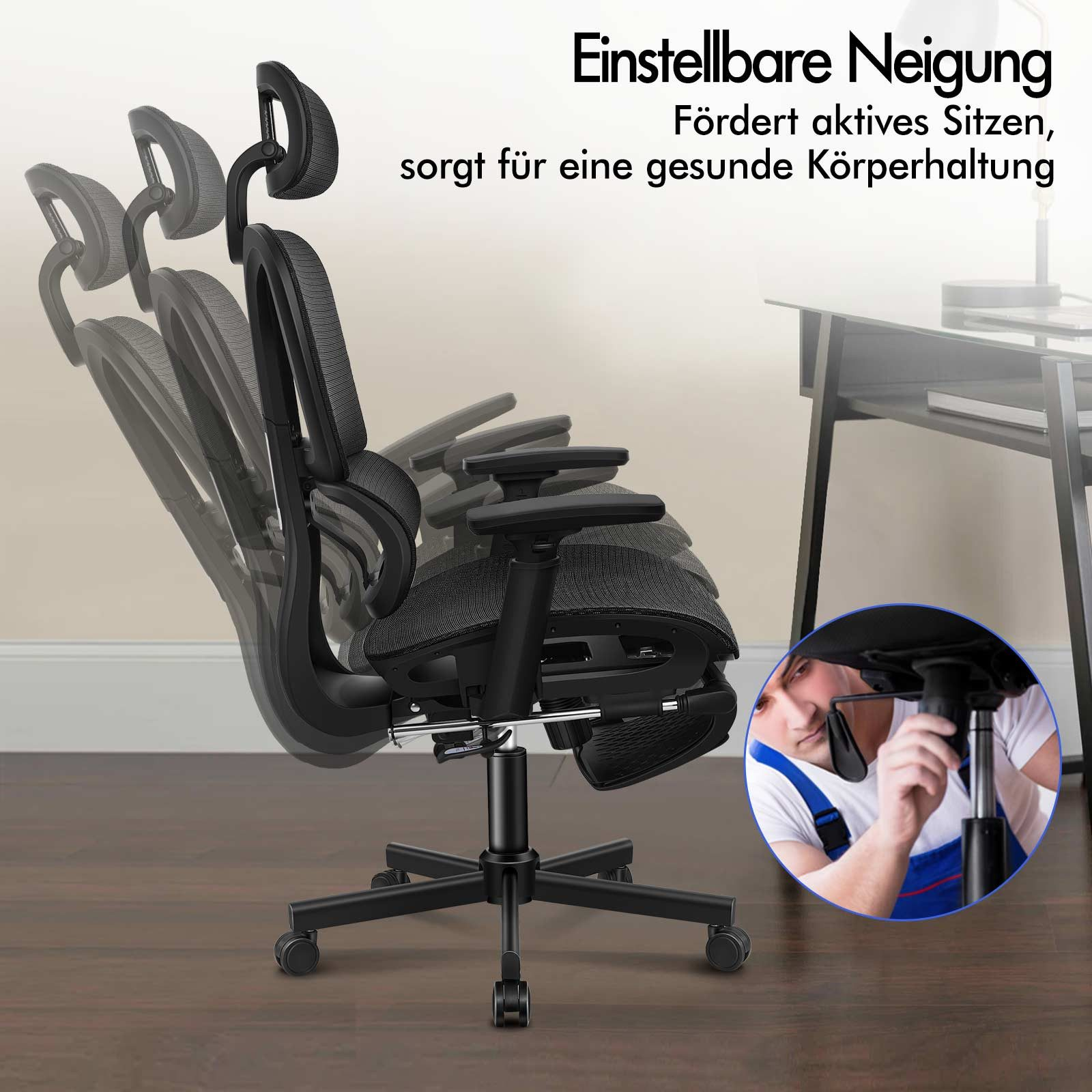Schwarzer ergonomischer Bürostuhl mit verstellbarer Kopfstütze, Armlehnen und Rückenlehne auf Holzboden.