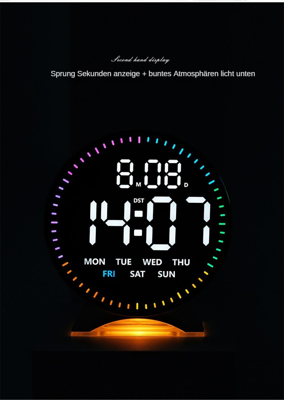 Eine Digitaluhr zeigt 8:08 und 14:07 an, mit Wochentagen. Die Uhr hat einen farbenfrohen Lichtring und steht auf dunkler Oberfläche.