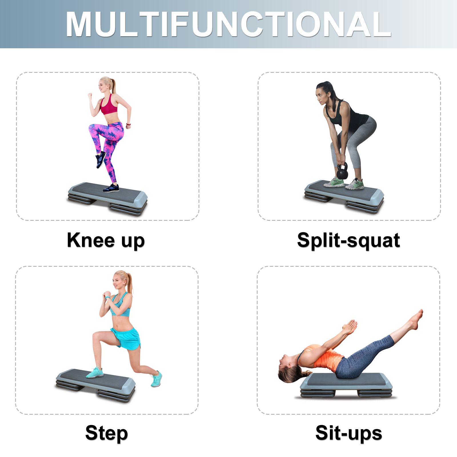 Das Bild zeigt Fitness-Steps und Frauen, die Übungen machen: Kniebeugen, Split-Squat, Step und Sit-Ups. Text-Overlay: Multifunktional.