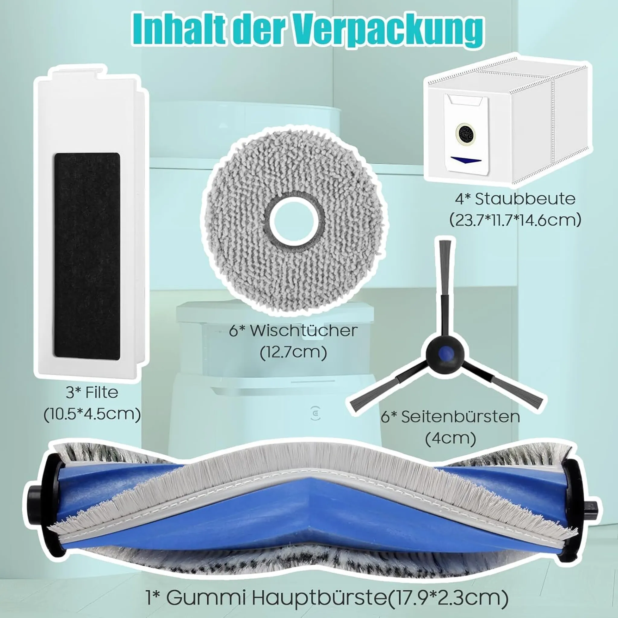 Das Bild zeigt Reinigungsroboterteile: Filter, Staubbeutel, Bürsten und eine Hauptbürste, zusammen mit Größen.