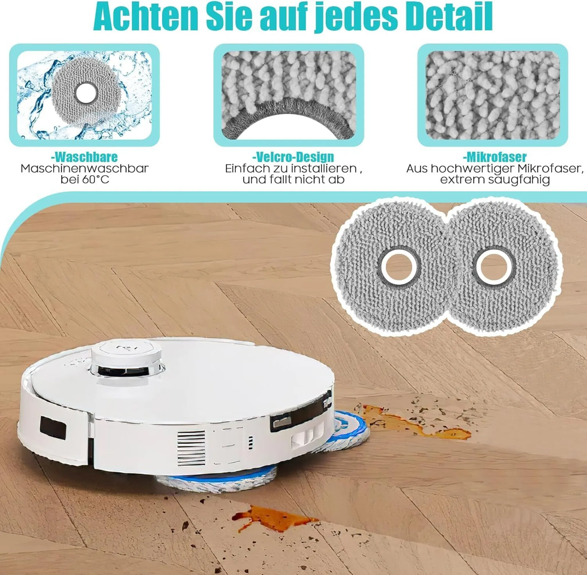 Ein weißer Roboter-Staubsauger, graue Mopp-Pads und Details der Reinigungspads sind auf einem Holzboden zu sehen.