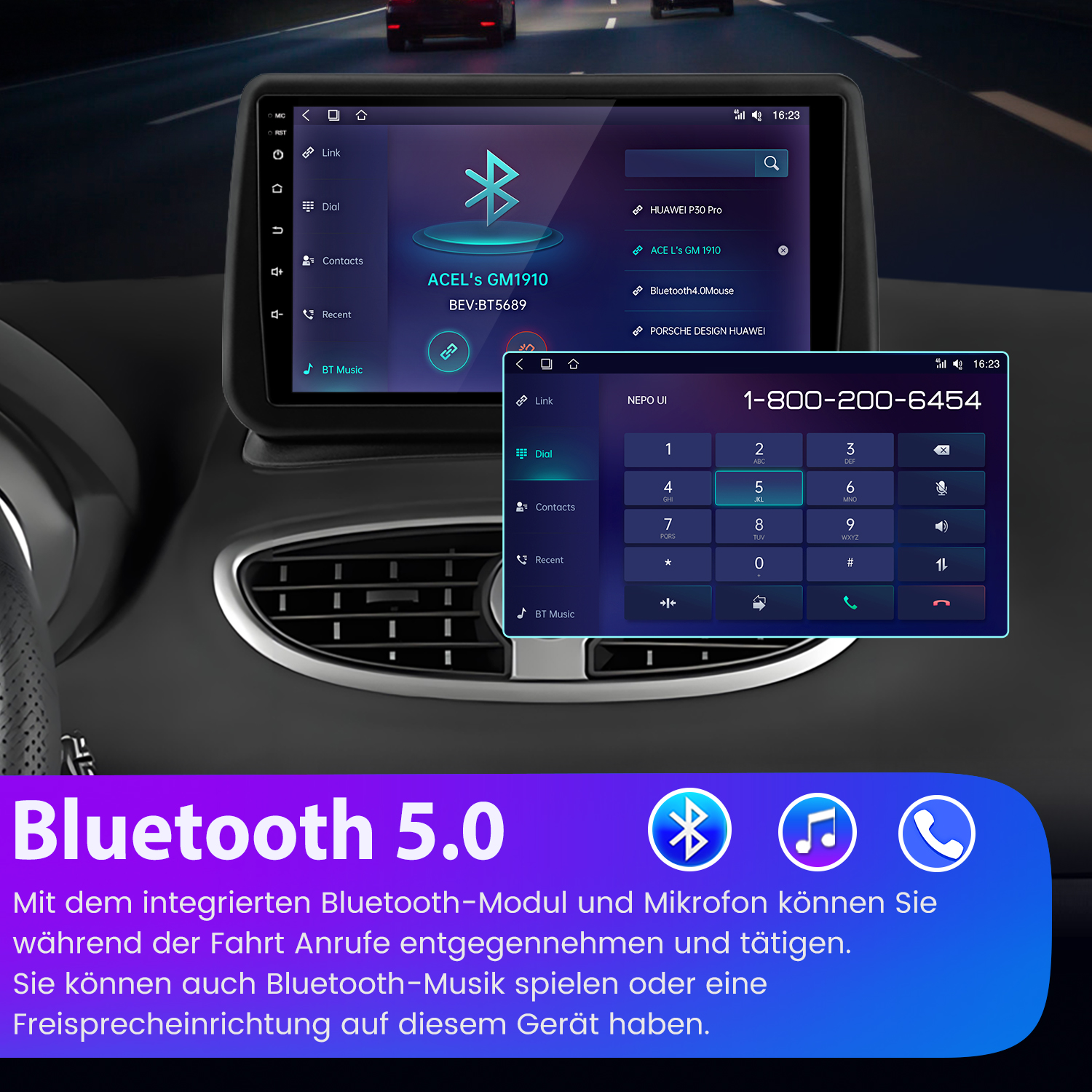 Autoradio-Bildschirm zeigt Bluetooth-Einstellungen und Wähltastatur, mit Bluetooth 5.0-Logo unten.