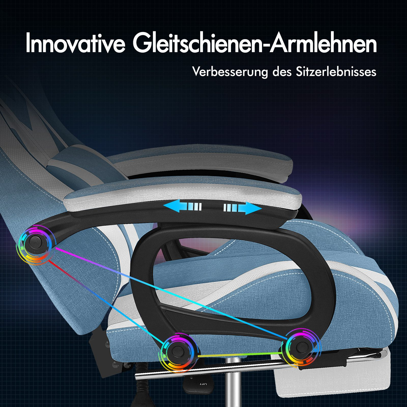 Ein blauer Gaming-Stuhl mit verstellbaren Armlehnen. Der Stuhl ist mit 'Innovative Gleitschienen-Armlehnen' beschriftet.