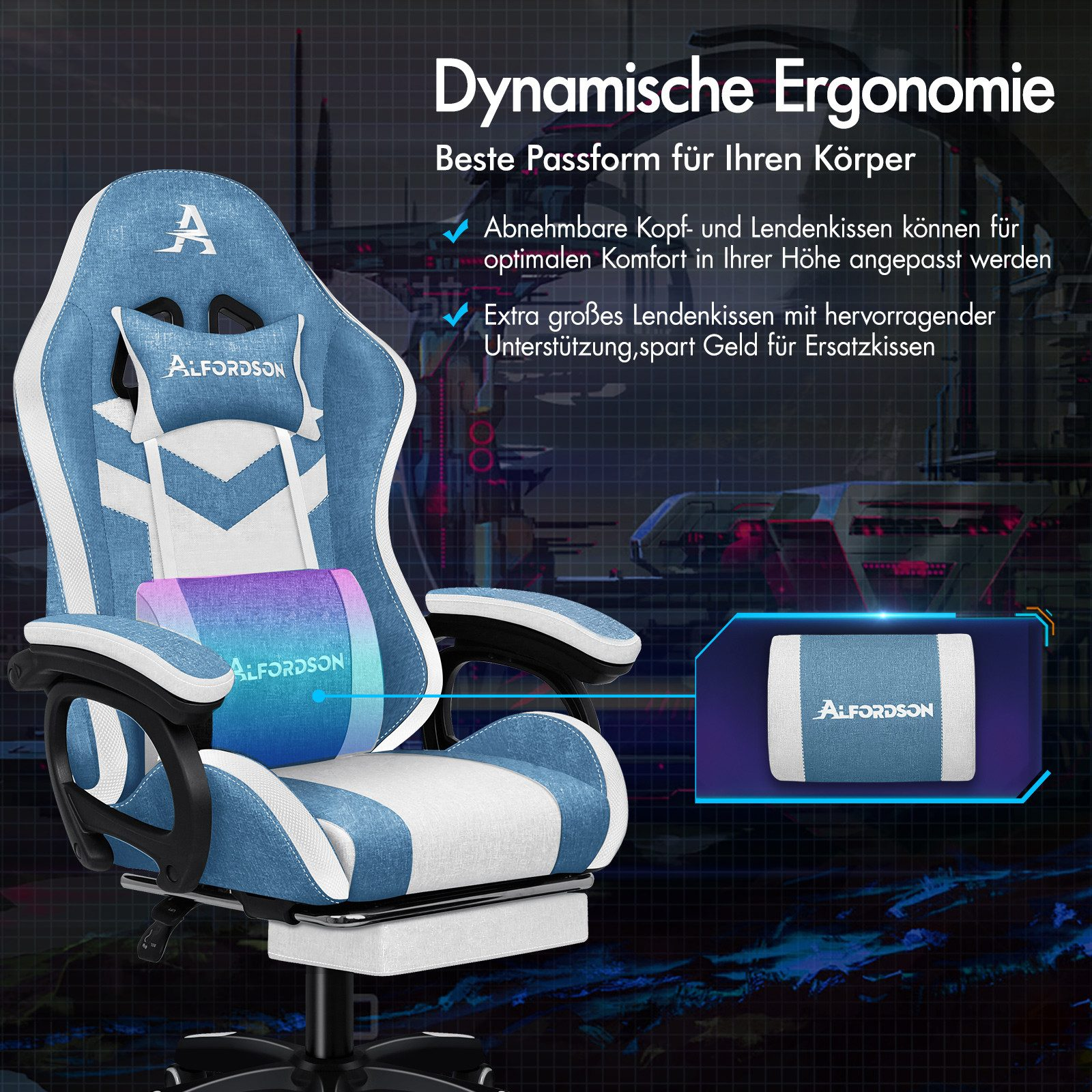 Ein blauer und weißer Gaming-Stuhl mit Kopf- und Lendenwirbelstütze, Marke Alfordson. Text auf Deutsch bewirbt ergonomische Eigenschaften.