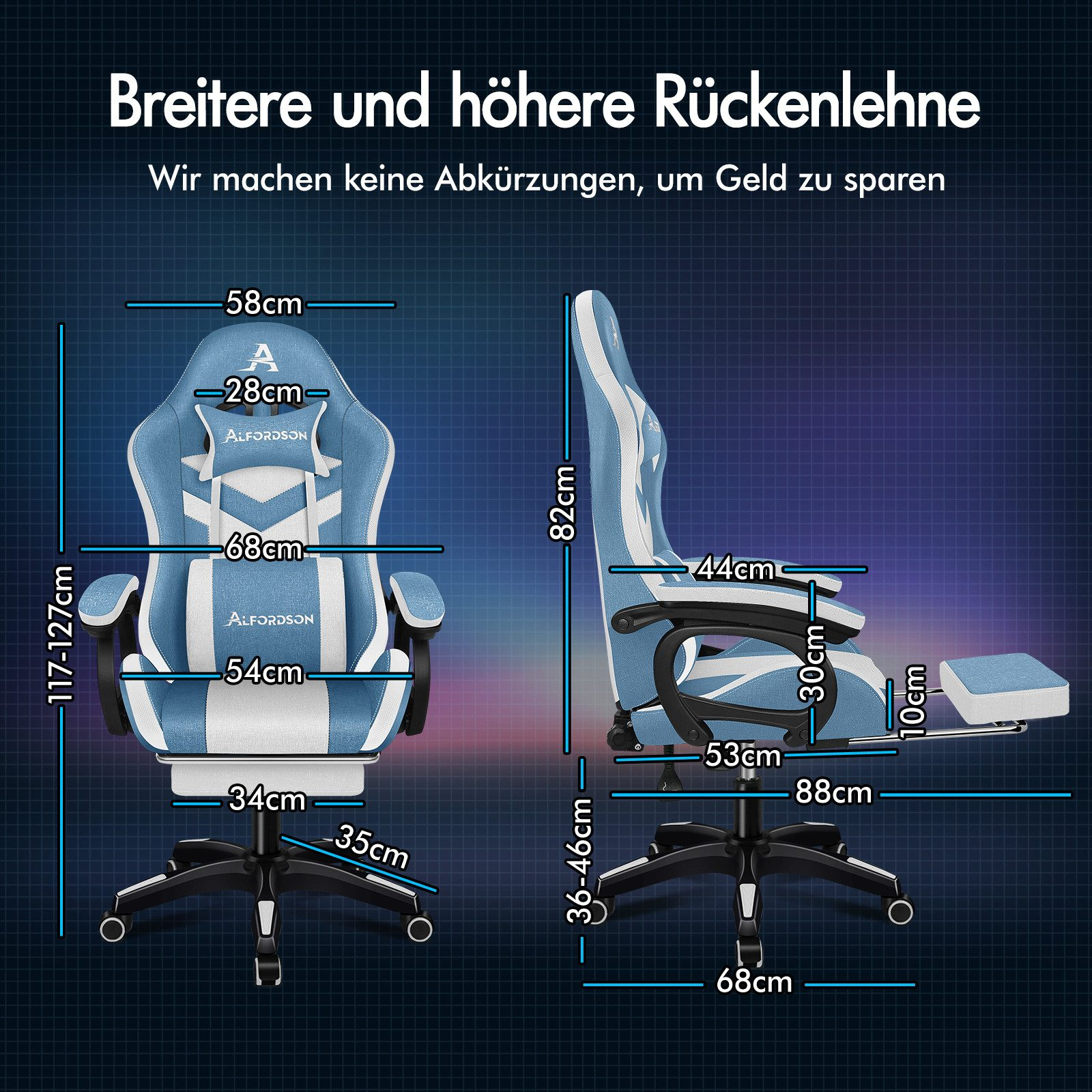 Blau-weißer Gaming-Stuhl mit Maßen. Text sagt 'breitere und höhere Rückenlehne'. Schwarze Basis und Fußstütze.