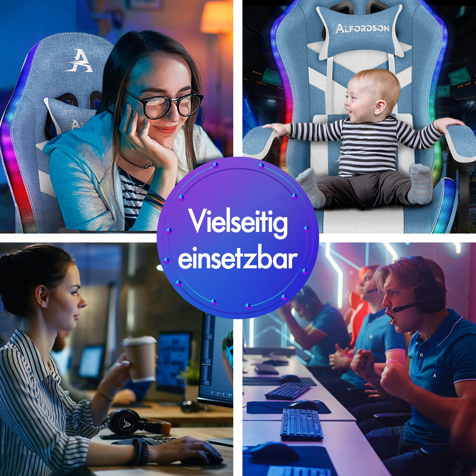 Eine Collage zeigt Personen, die Gaming-Stühle benutzen, ein Baby in einem und ein Logo mit dem Text 'Vielseitig einsetzbar'.