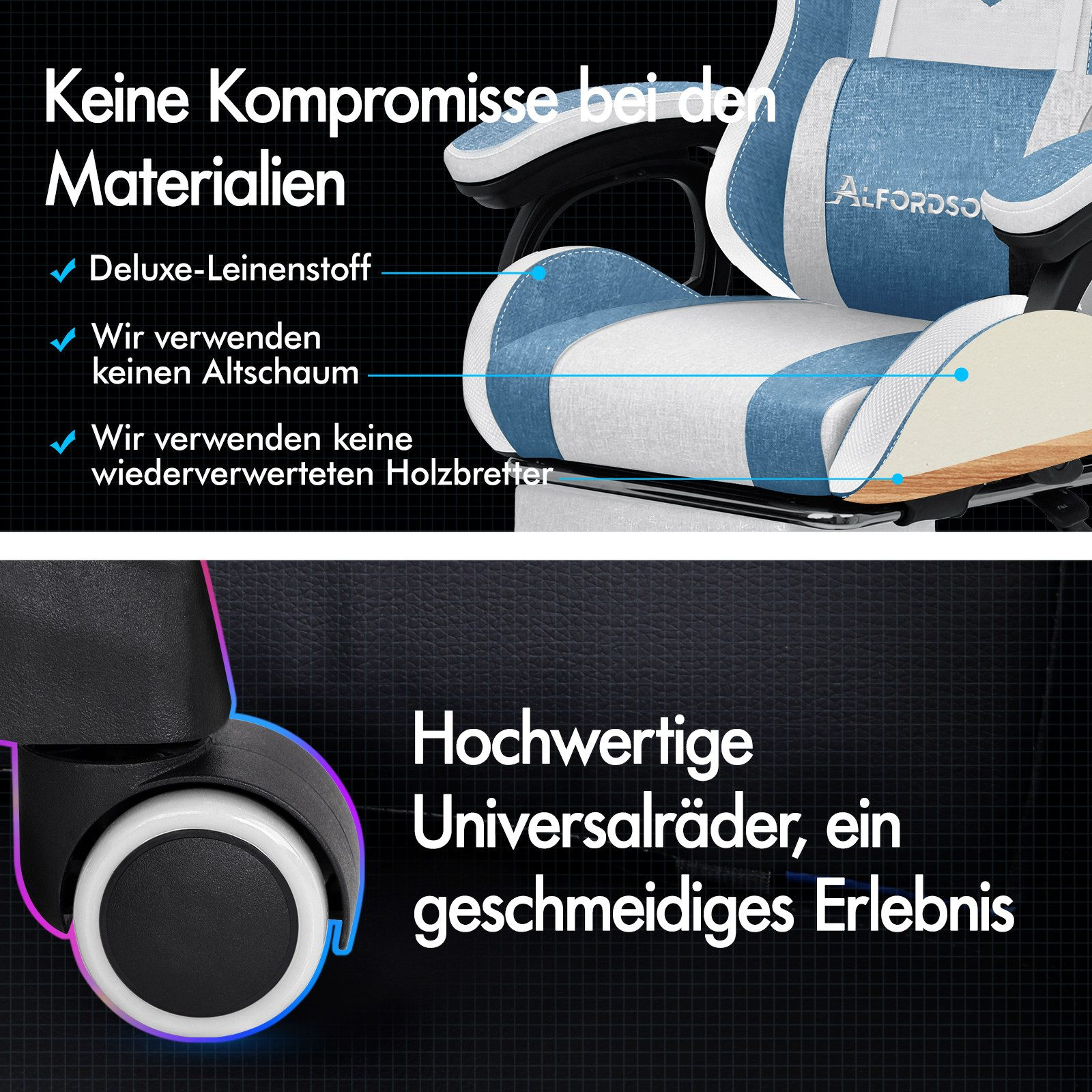 Bürostuhl mit blau-weißem Stoff. Text erwähnt 'Deluxe-Leinenstoff' und 'hochwertige Universalrollen'.