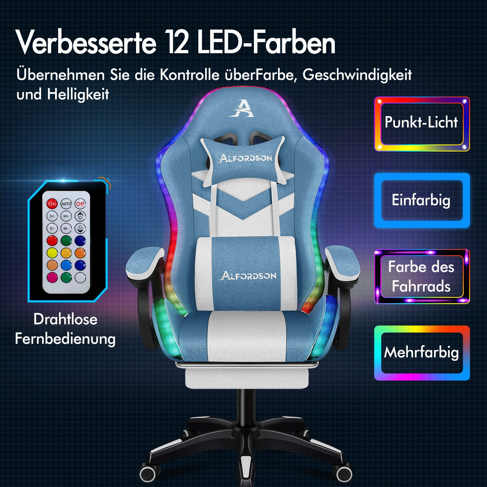 Ein Gaming-Stuhl mit blau-weißen Akzenten, LED-Leuchten und einer Fernbedienung für Farboptionen.