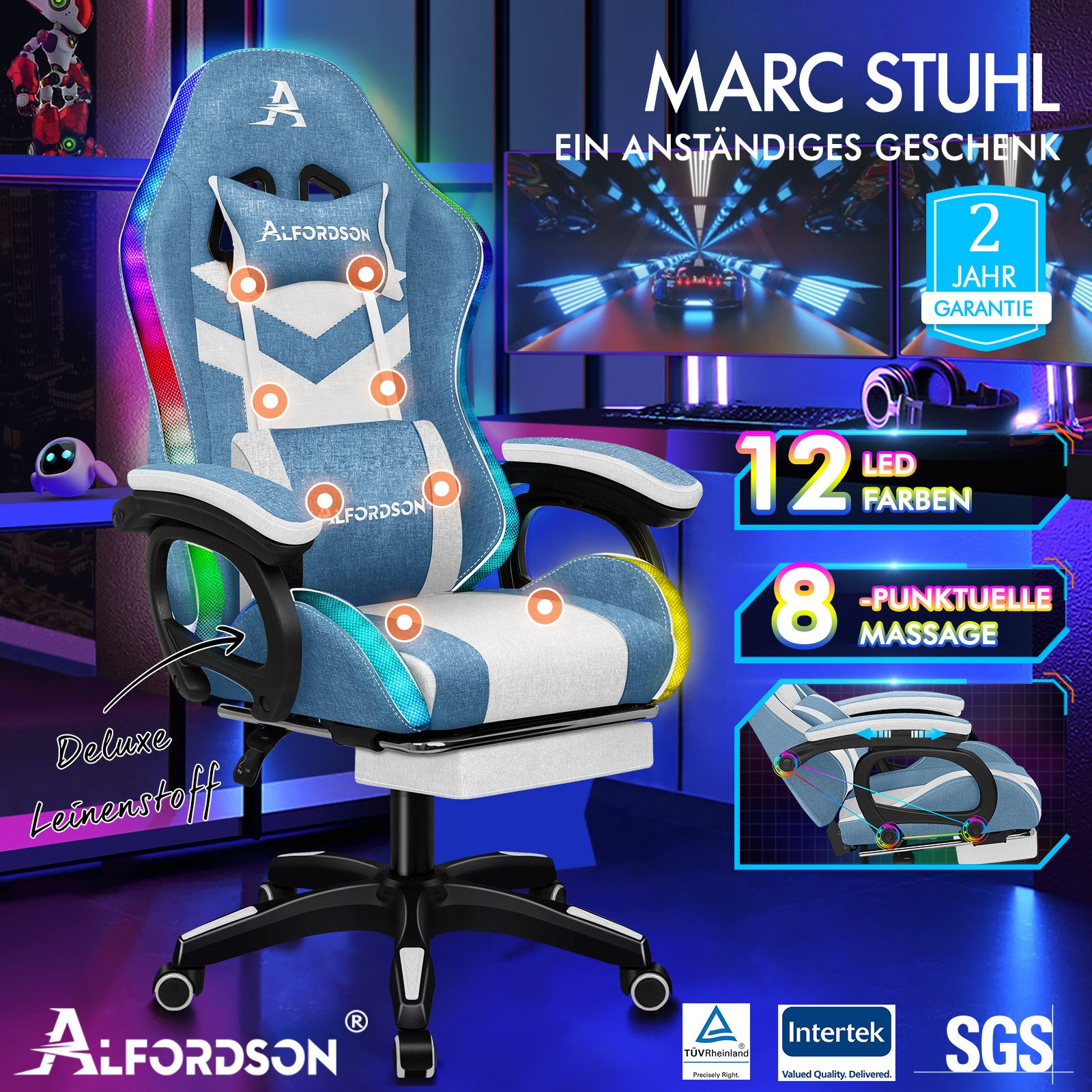 Ein blau-weißer Gaming-Stuhl mit der Marke 'Alfordson'. Er verfügt über LED-Leuchten, Massage und eine Fußstütze.
