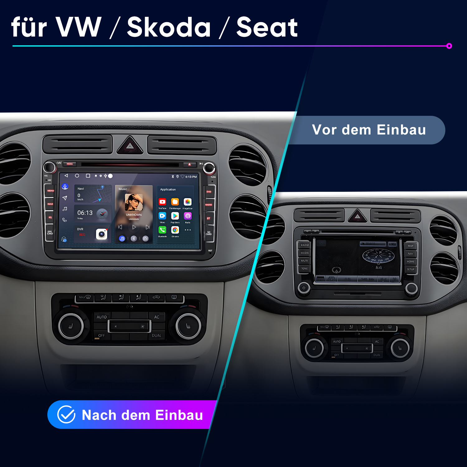 Auto-Armaturenbrett mit Vorher-Nachher-Installation eines neuen Multimedia-Systems. Enthält Radio, AC-Bedienelemente und Bildschirm.